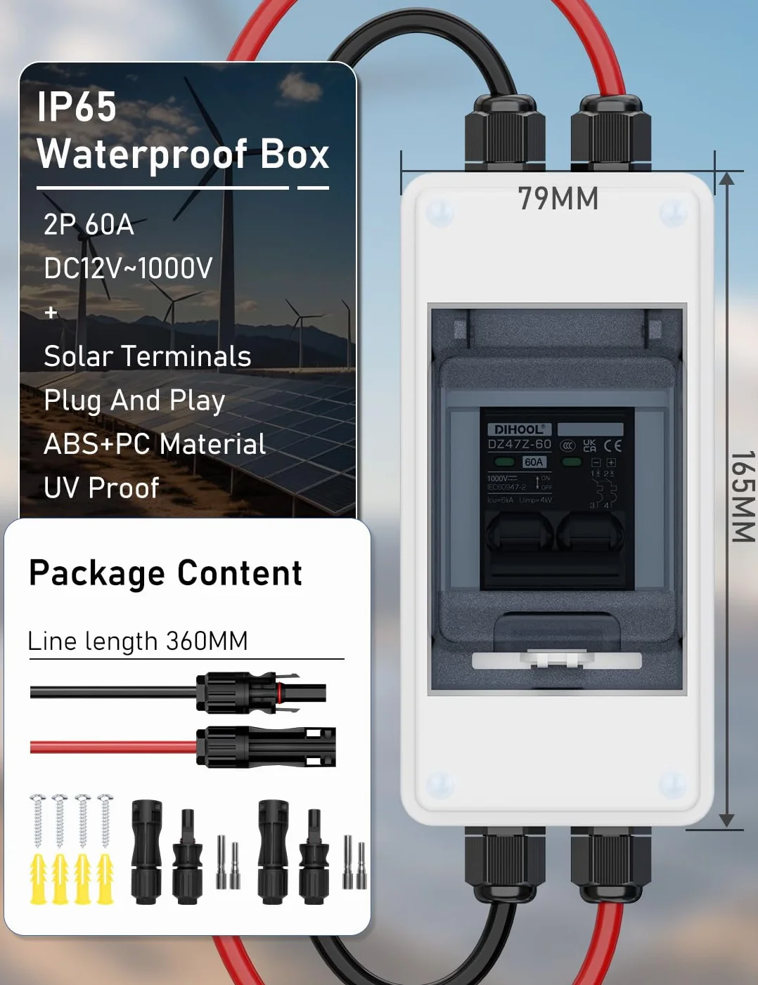 DIHOOL Interruttore automatico fusibile CC 60A IP65 DC 1000V per sistema solare fotovoltaico