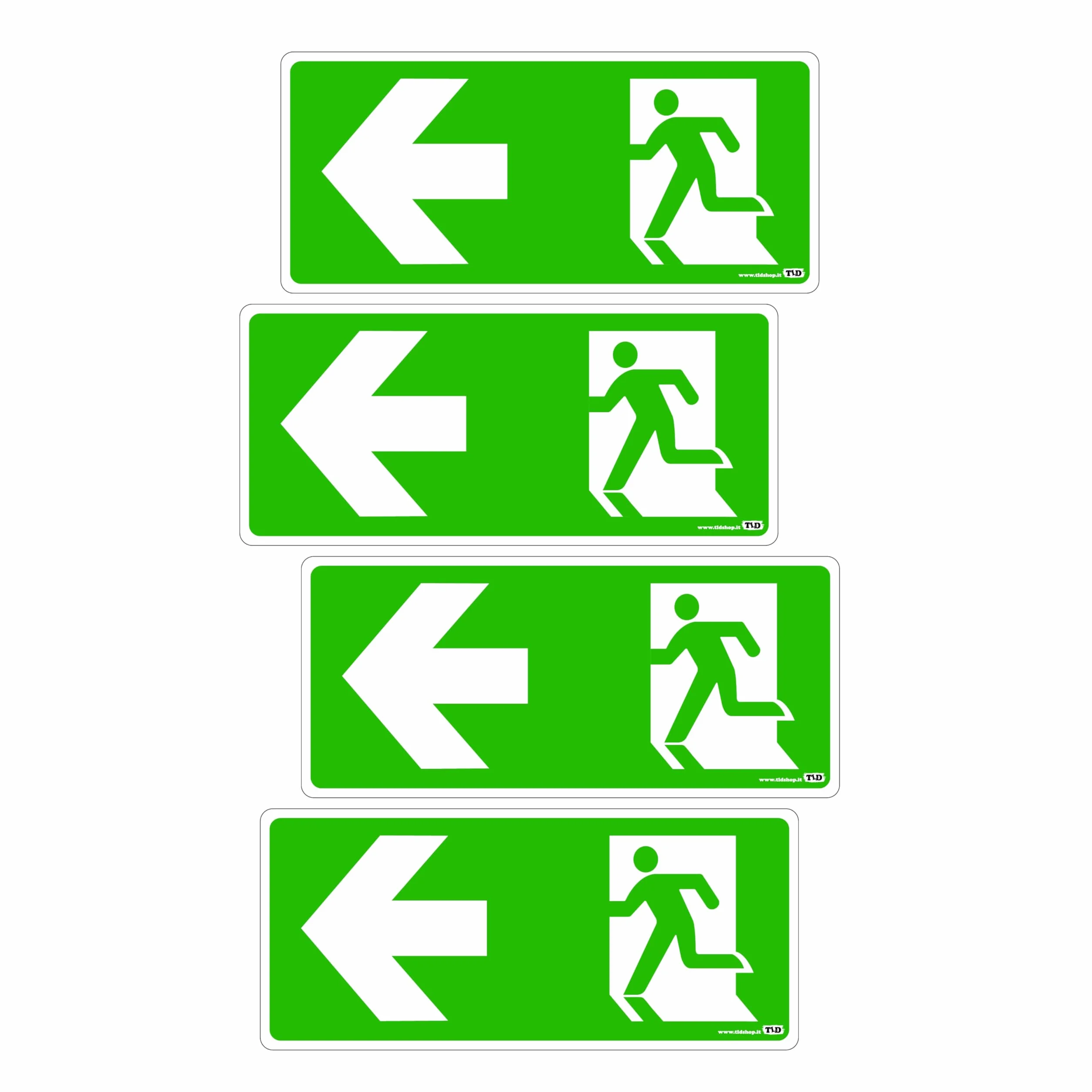 TLDSHOP® - 4 Pezzi Uscita di Emergenza - PVC Adesivo - Resistente per Esterno e Interno (Cm 29x13) - USCITA DI EMERGENZA - FRECCIA: (a SINISTRA)