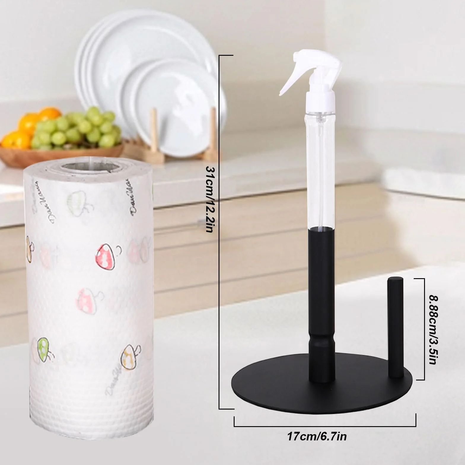 Portarotolo da Cucina con Flacone Spray, Portatovaglioli da Tavola Autoportante, Porta Rotoli da Cucina Nero Opaco, Antiscivolo, Porta Rotolo di Carta Multifunzione per Cucina, Bagno