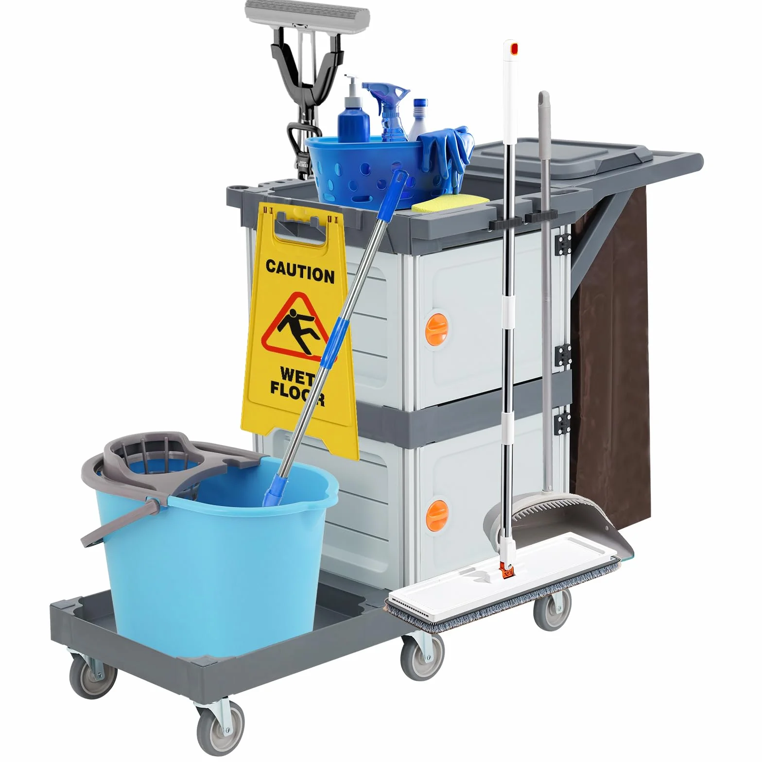 Carrello Pulizie Professionale,Carrello Per Pulizie Commerciali Di Hotel e Ospedali Con Armadietti Ripiani,Carrelli Multiuso Per Pulizia Con 6 Ruote e Sacco in Vinile Per Ufficio, Hotel, Capacità 300