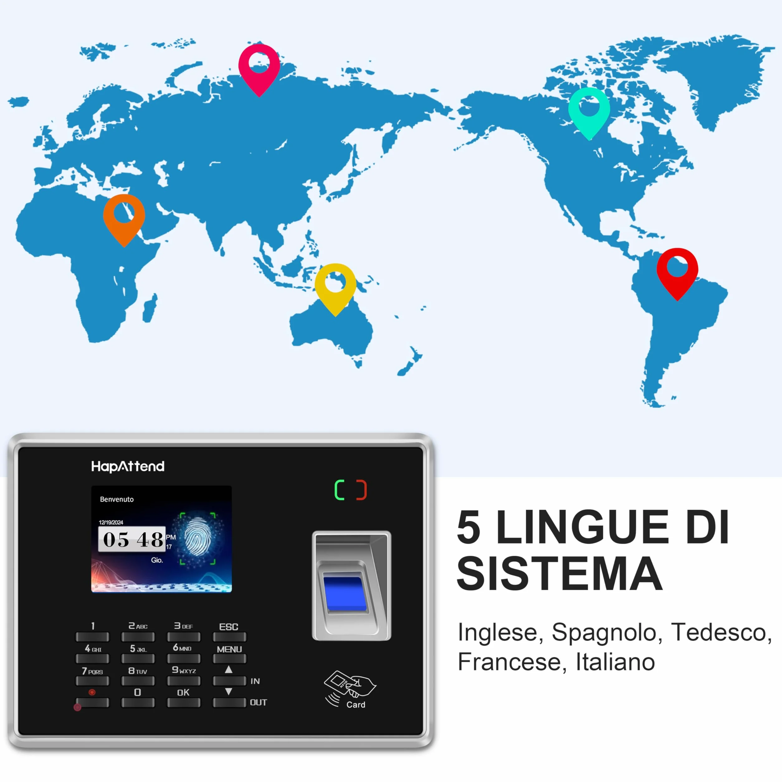 Rilevatore presenze, HapAttend Italiano timbracartellini dipendenti con impronte digitali e 5 badge RFID, H2 timbratrice presenze dipendenti Checking-in registratore orologio tempo per piccole imprese
