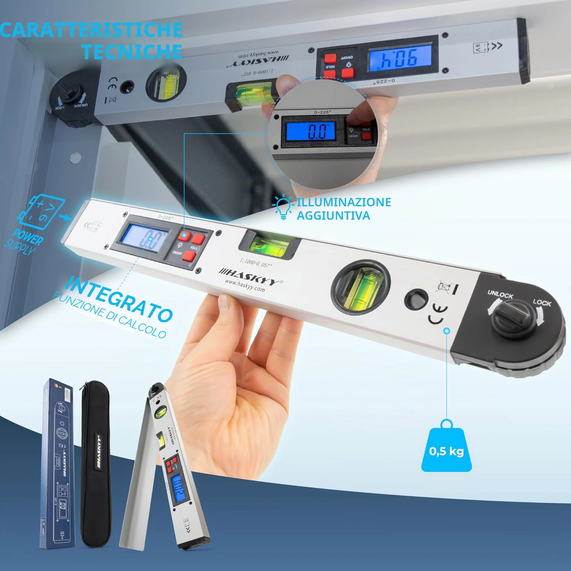 HASKYY Livella goniometrica 0-230° Livella rotante con display LCD 450 mm per misurazioni, ristrutturazioni e costruzioni - Argento