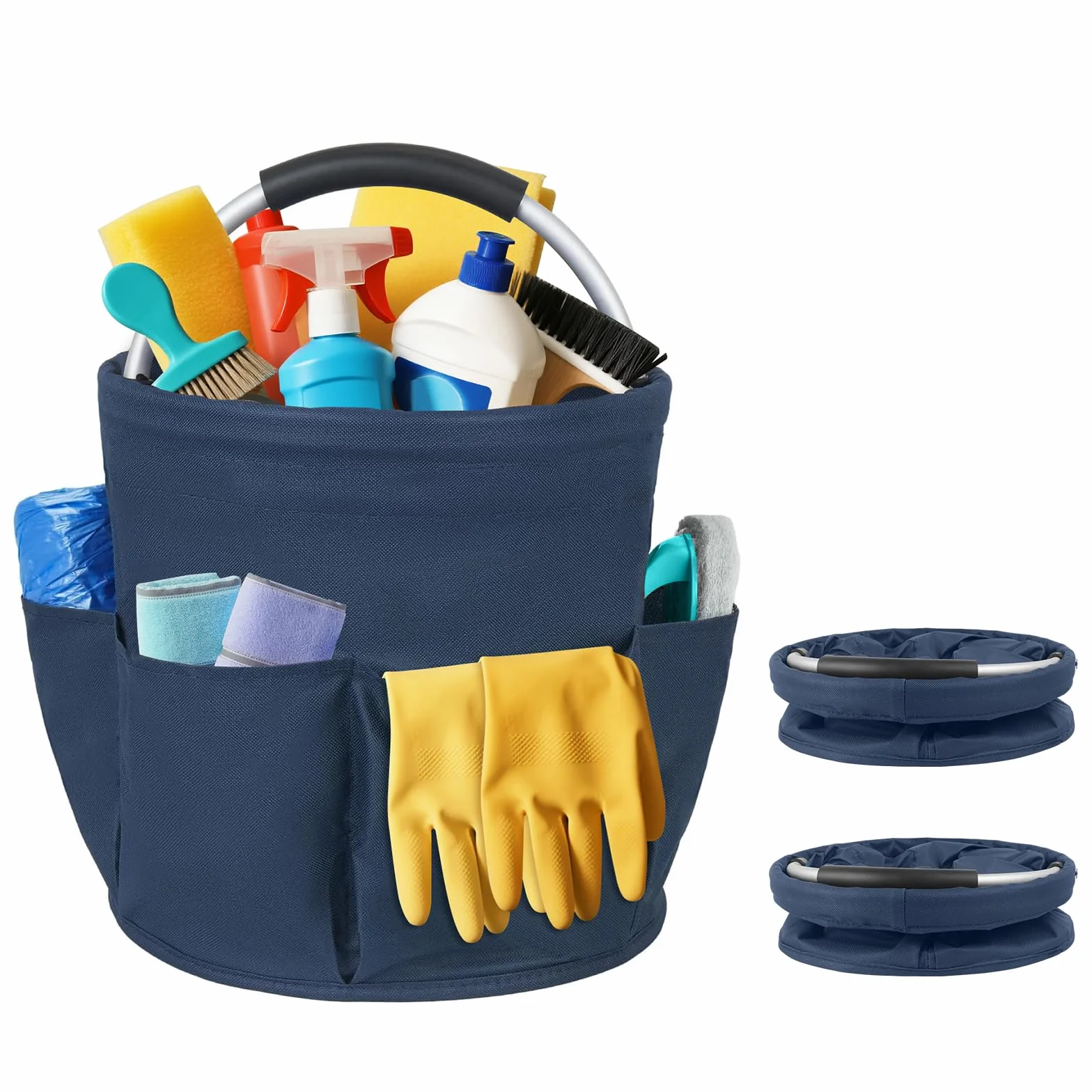 Carello Pulizie con Manico,2 Cestini Porta Atrezzi con 6 Tasche Esterne,Borsa Organizer Pieghevole Sacca Portaoggetti Borsa per Utensili di Pulizia,Contenitore per Pulizia Professionale,Blu