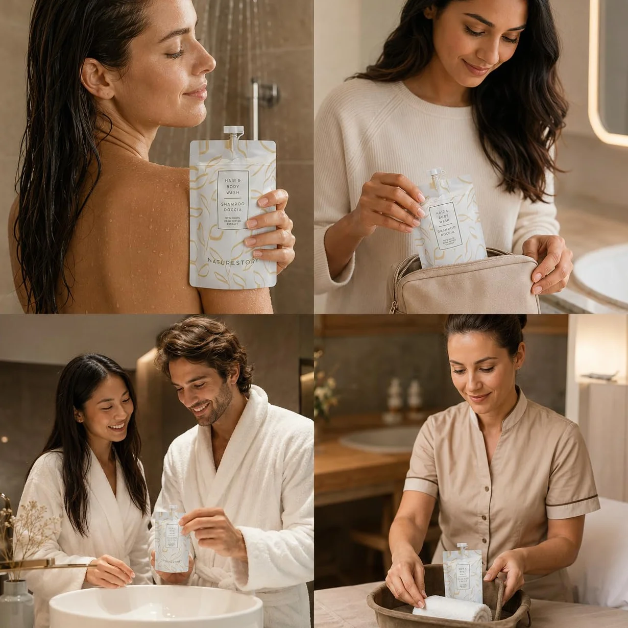 Shampoo Doccia Monodose 30 ml Doypack Richiudibile Linea Cortesia Hotel B&B Estratto Ortica Bianca Delicato Pelli Sensibili Made in Italy Eco Friendly Kit Viaggio Ospiti