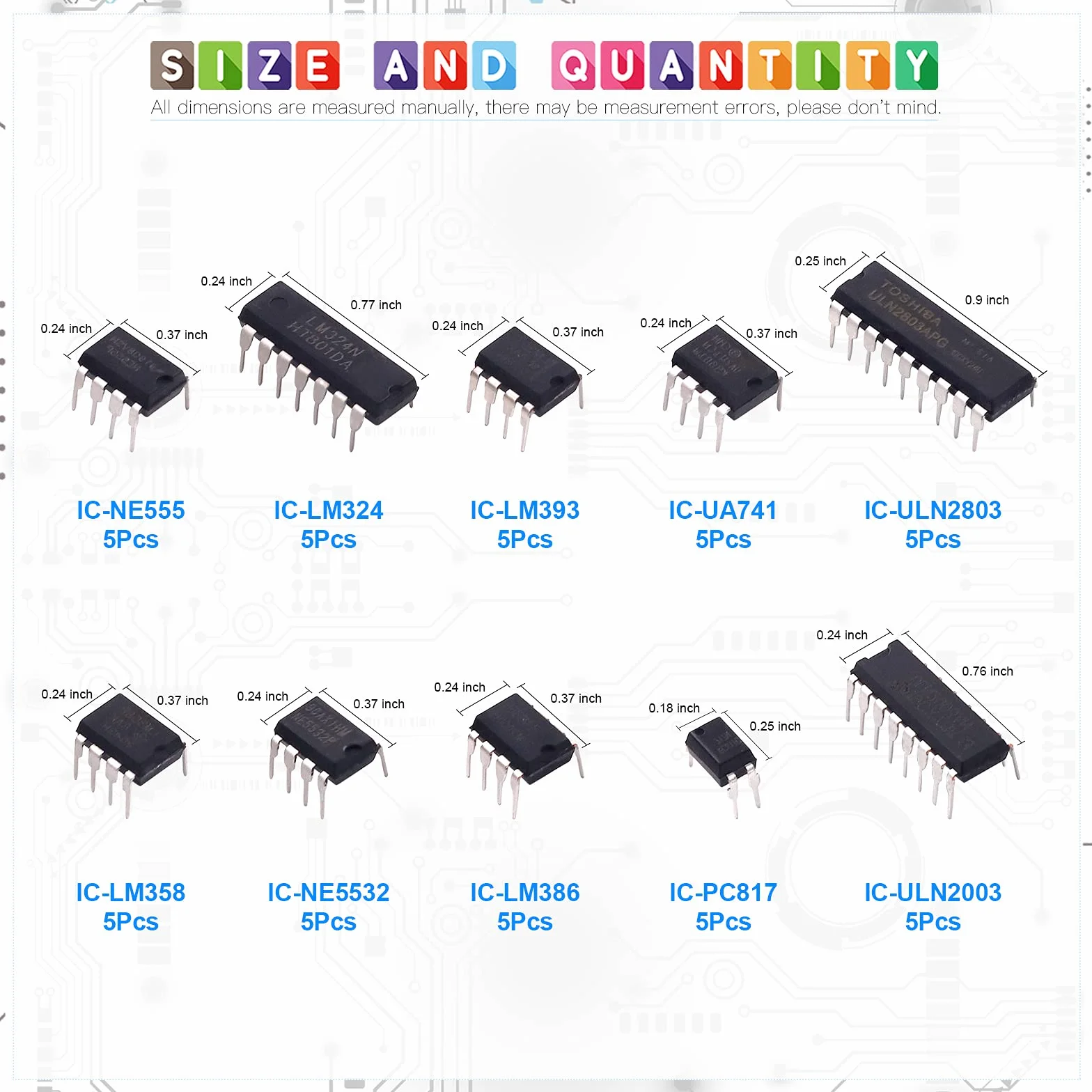 Glarks - Kit di 50 chip con circuito integrato, 10 tipi di circuiti integrati, opamp, singolo timer di precisione, pwm, tra cui LM324 LM358 LM386 LM393 UA741 NE5532 NE555 PC817 ULN2003 ULN2803