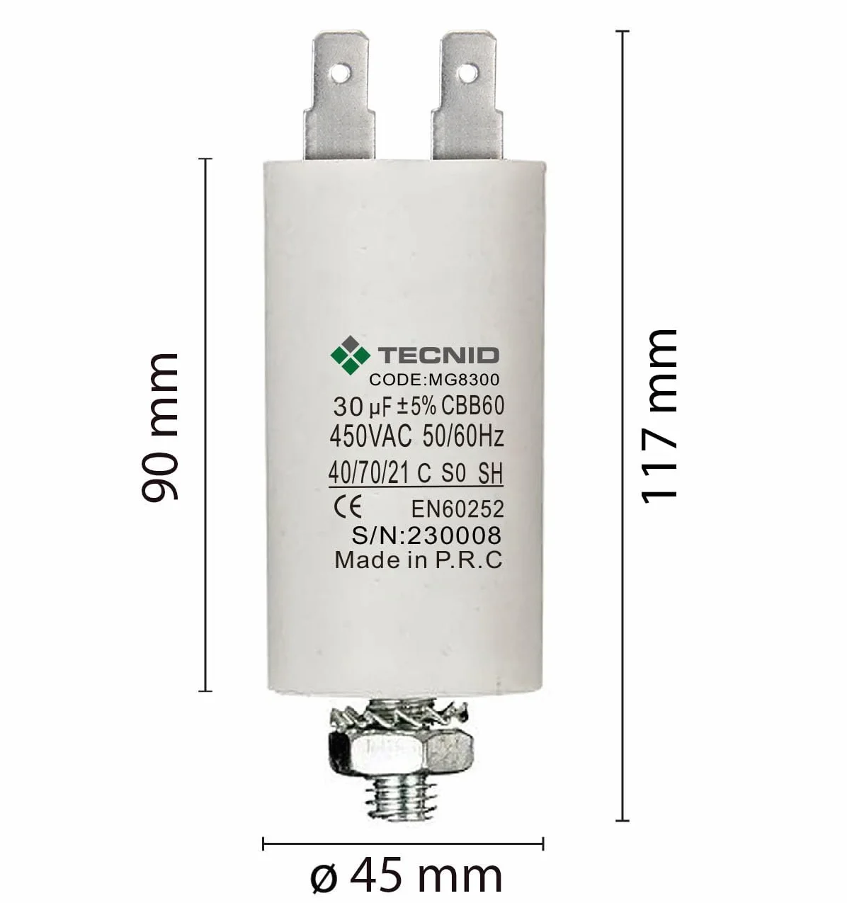 Condensatore di spunto 30µF 450V 4 pin per motori elettrici, avviamento con dado M8