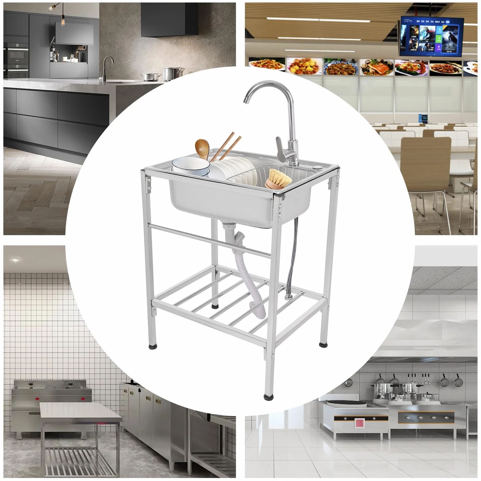 Lavello da Cucina in Acciaio Inox con Rubinetto Caldo e Freddo per Laboratori, Caffè, Bar Boutique 60 X 45 x 15 cm