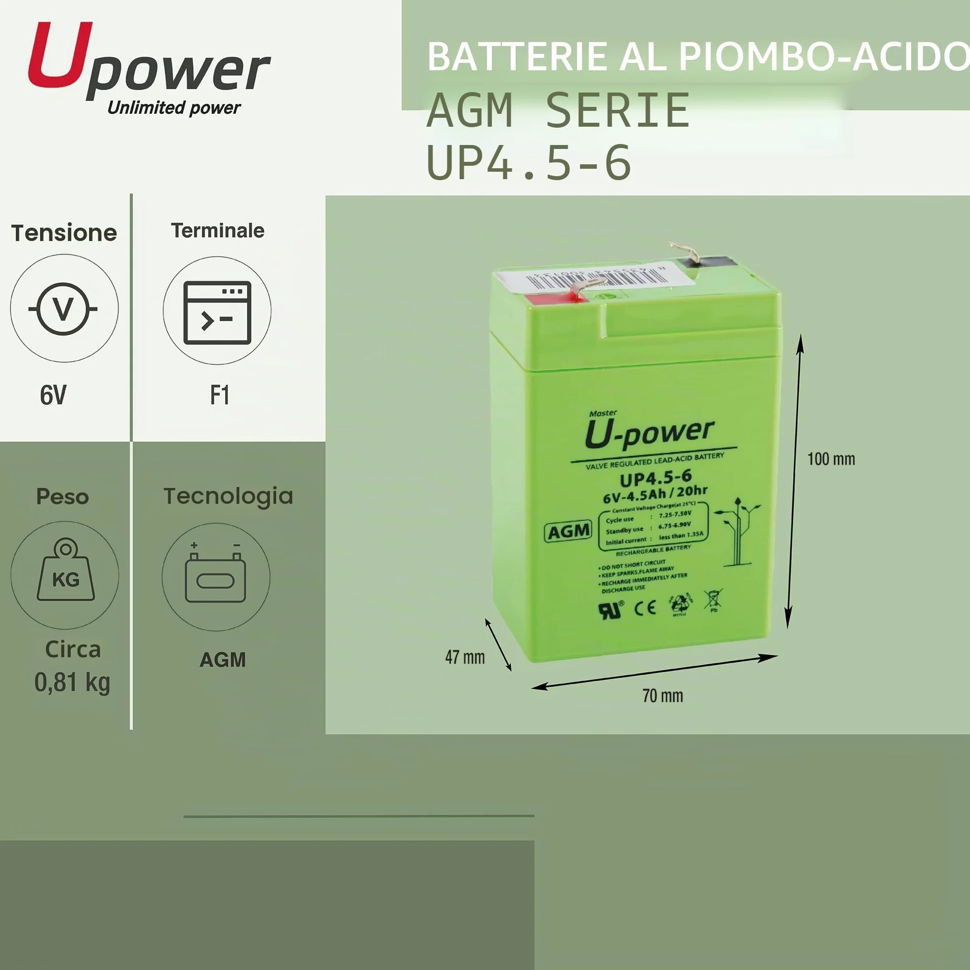 Batería piombo AGM Sigillata 4.5Ah 6V Faston F1 4.8mm