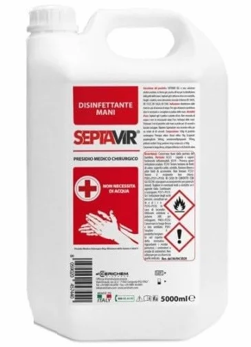 Gel Disinfettante Mani 5 Litri (5000 ml) – Ricarica Professionale 75% Alcol – Igienizzante Mani per Studi Medici, RSA, Aziende e Uffici – Septavir