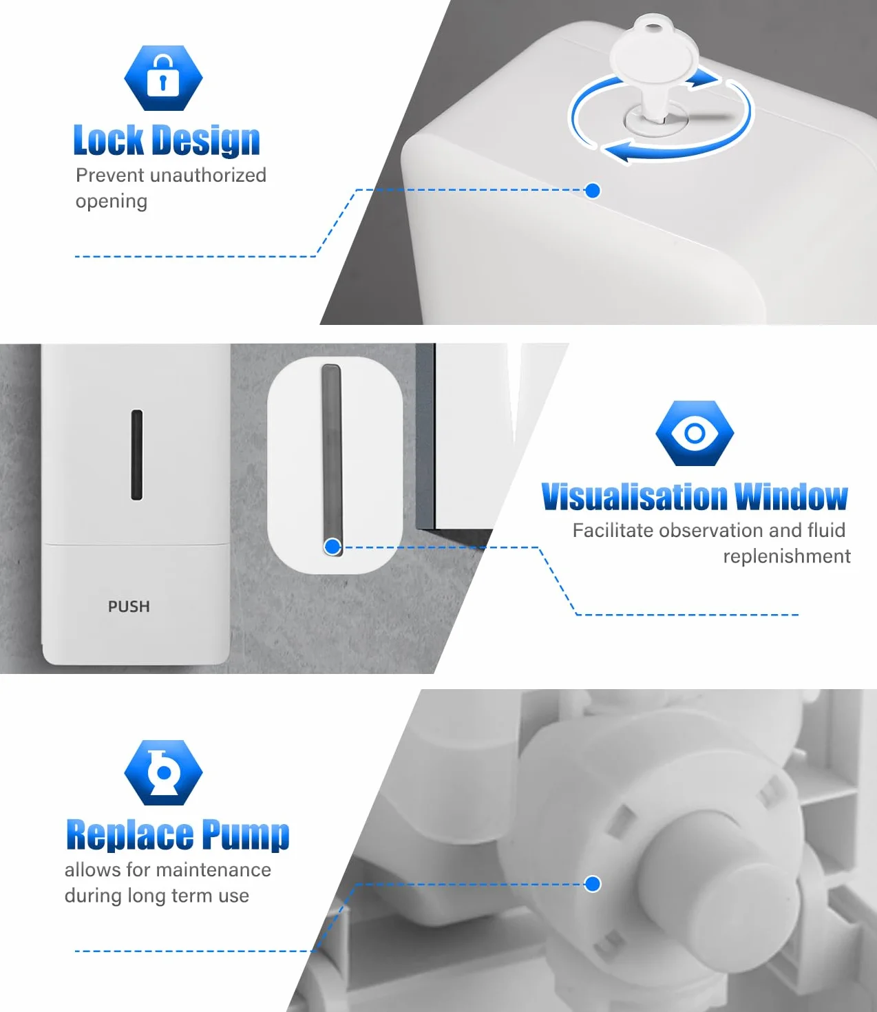 Dispenser Sapone Bagno, Dispenser Sapone Bagno a Muro Ideale per Bagni Commerciali, da Utilizzare con Disinfettanti e Saponi per le Mani, ABS Bianco 800ML Grande Capacità