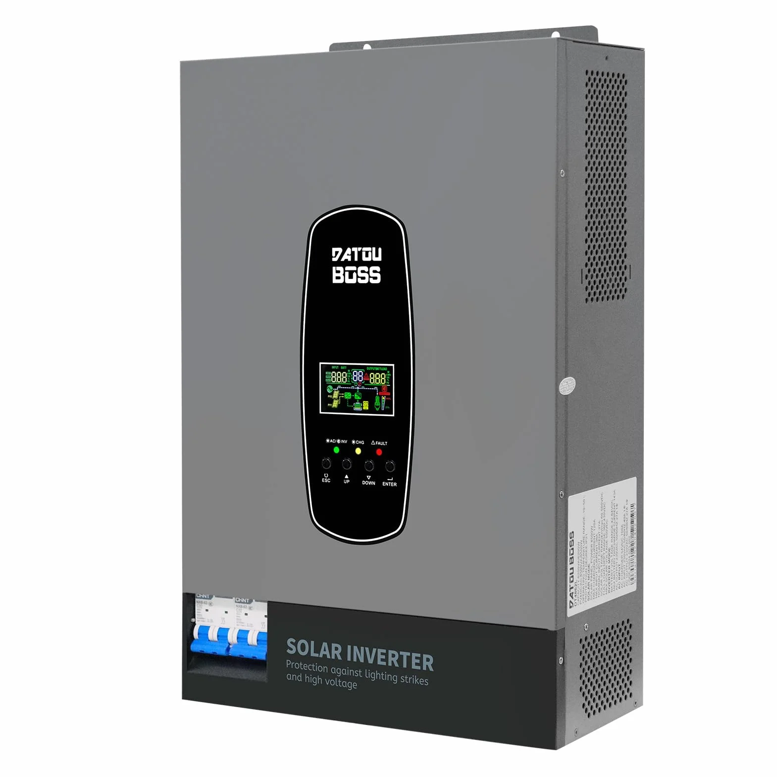 DATOUBOSS Inverter solare ibrido da 6200 W, 48 VDC a 230 V, inverter sinusoidale puro con 120 A, ingresso fotovoltaico da 8500 W, supporta il sistema di protezione BMS, per batterie al litio da 48 V.