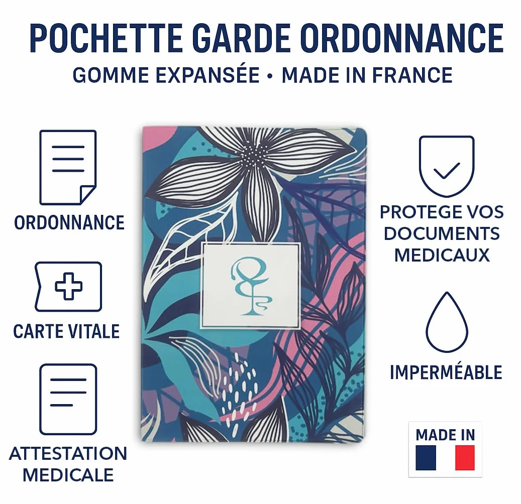 Custodia Porta Ricette Mediche in Gomma Espansa Made in France - Porta Documenti Sanitari per Tessera Sanitaria - Modello Fiori Blu e Rosa