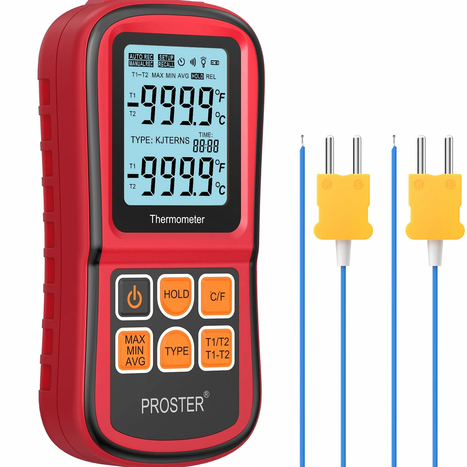 Proster Termometro Digitale a Doppio Canale con Due Termocoppie di Tipo K LCD Retroilluminato -200~1372°C