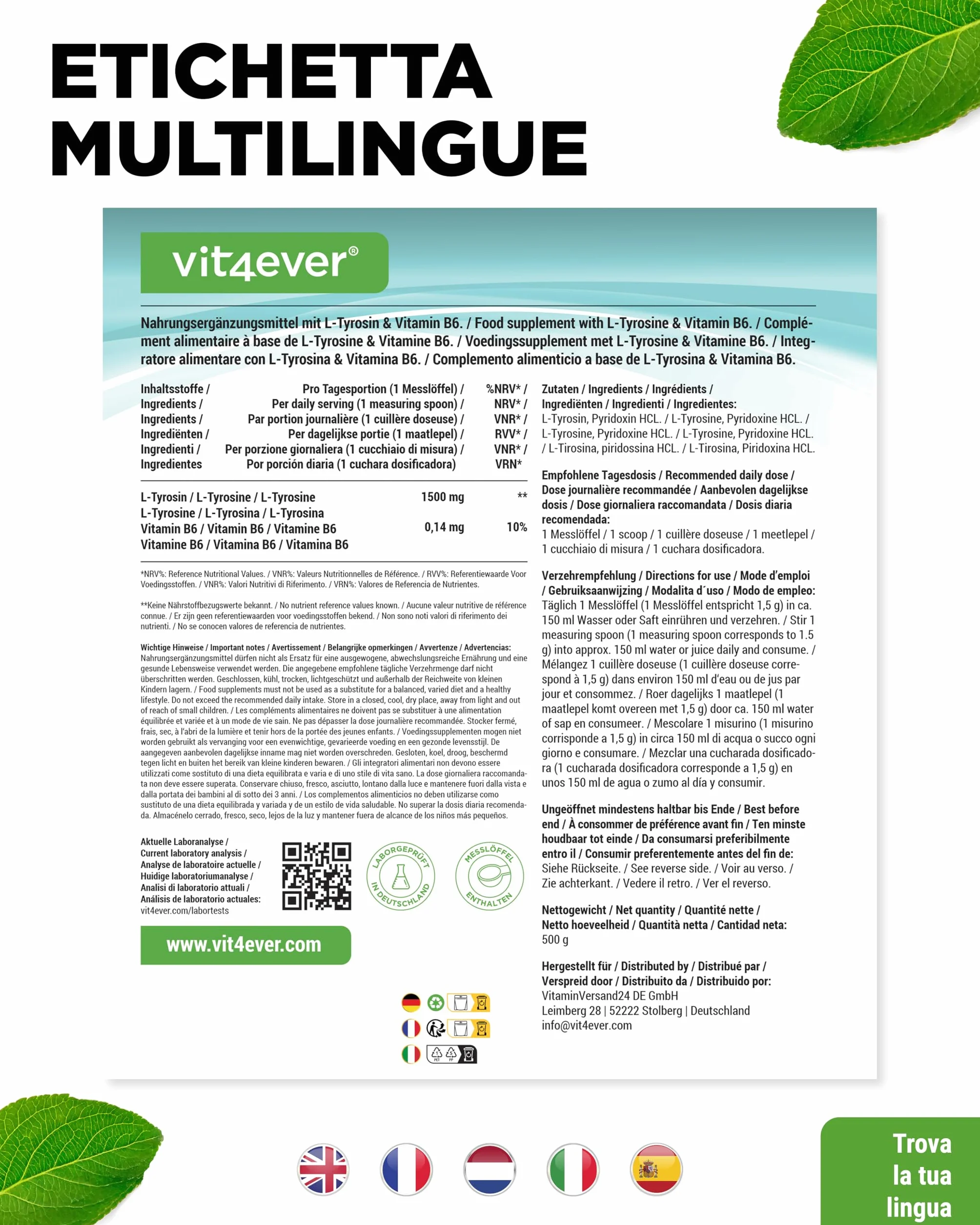 L-Tirosina 500 g Polvere Amminoacido Puro Vegan 333 Porzioni