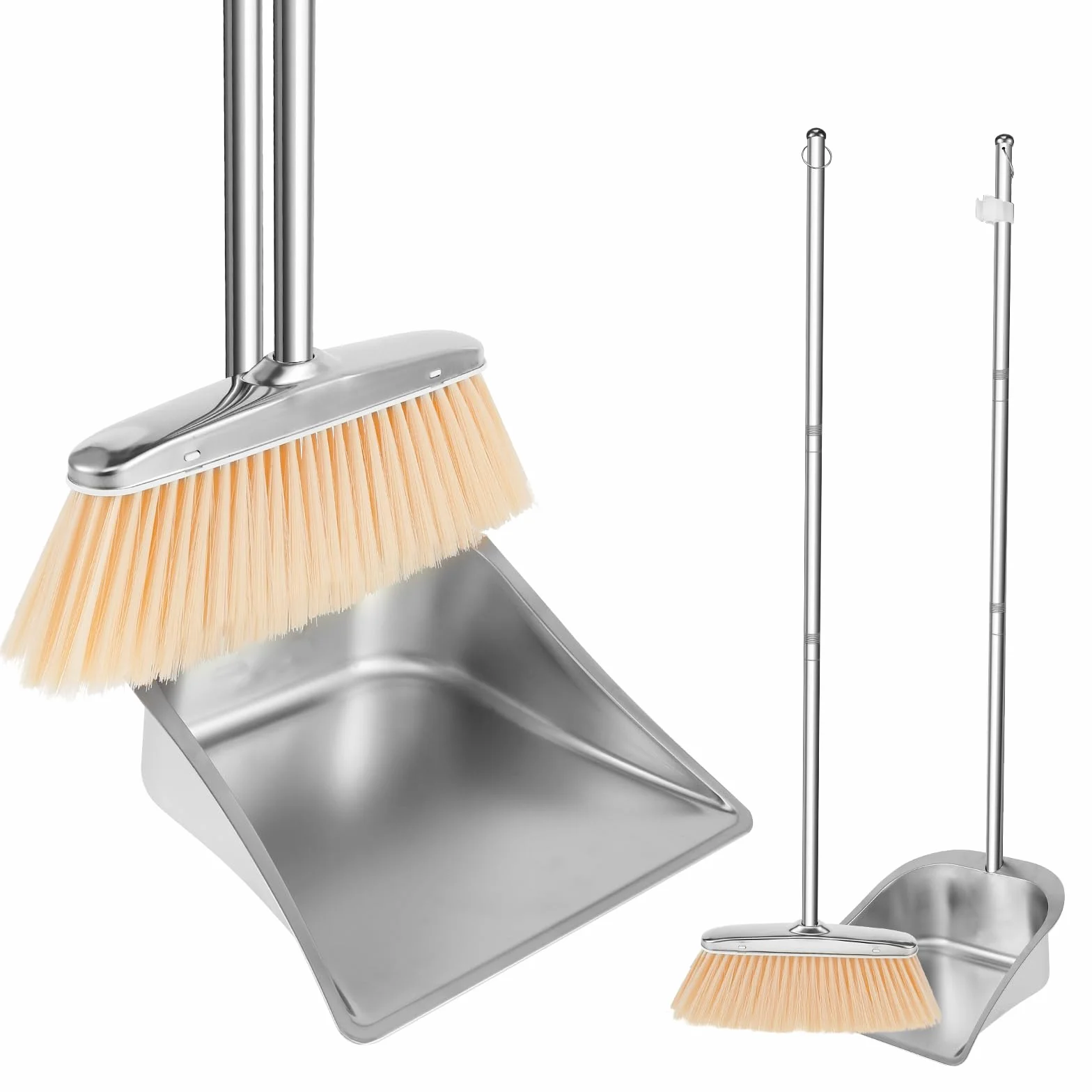 Set di scope e paletta in acciaio inox, paletta verticale e scopa per la pulizia a casa, ufficio, veranda e terrazza (quadrato) Lunghezza manico: 118 cm, prodotto esterno
