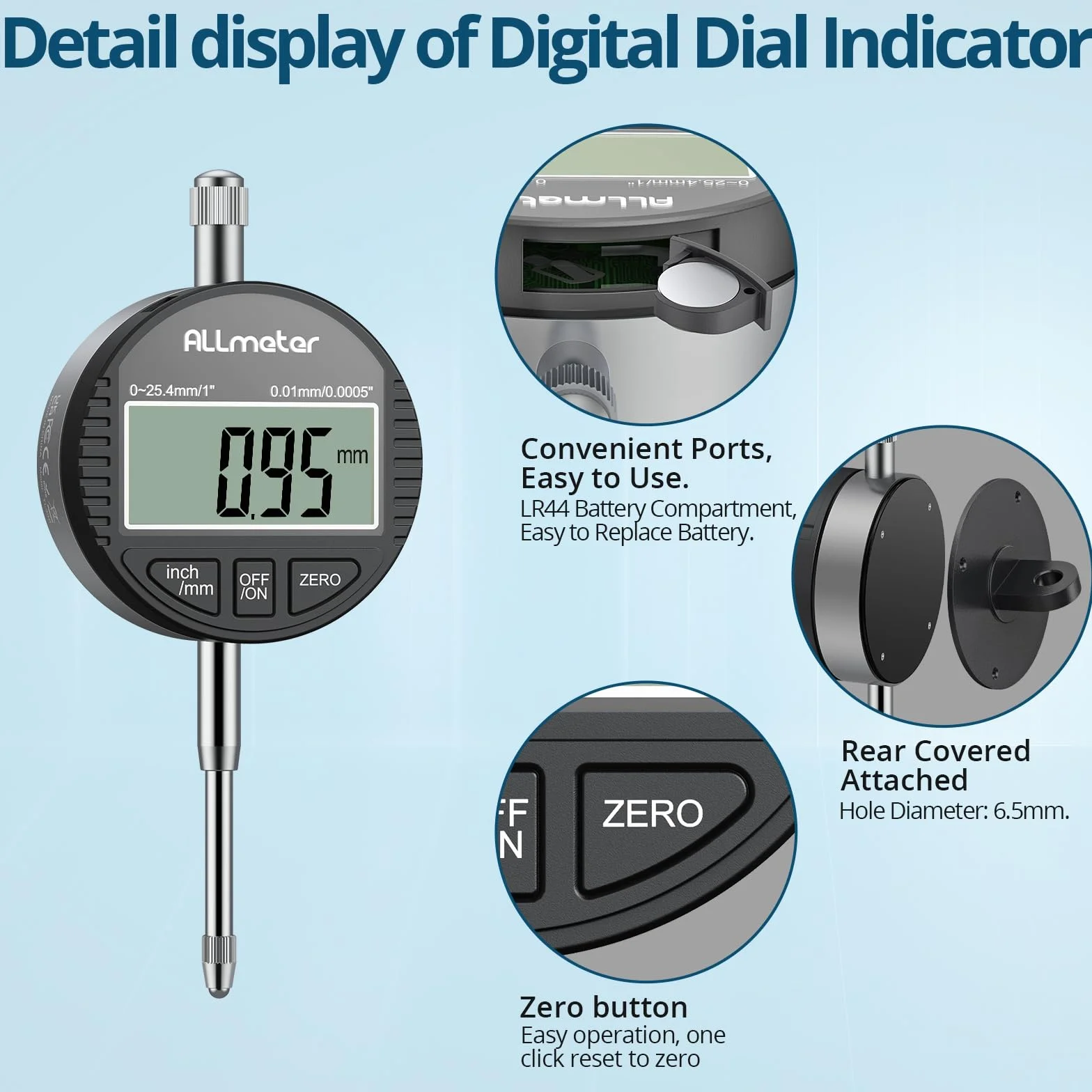 DTI Comparatore Centesimale Digitale con Sonda 0-25.4mm/1'', Risoluzione 0.01mm/0.0005'', Display LCD Retroilluminato, Unità Millimetri e Pollici, Indicatore Elettronico di Precisione - Nero