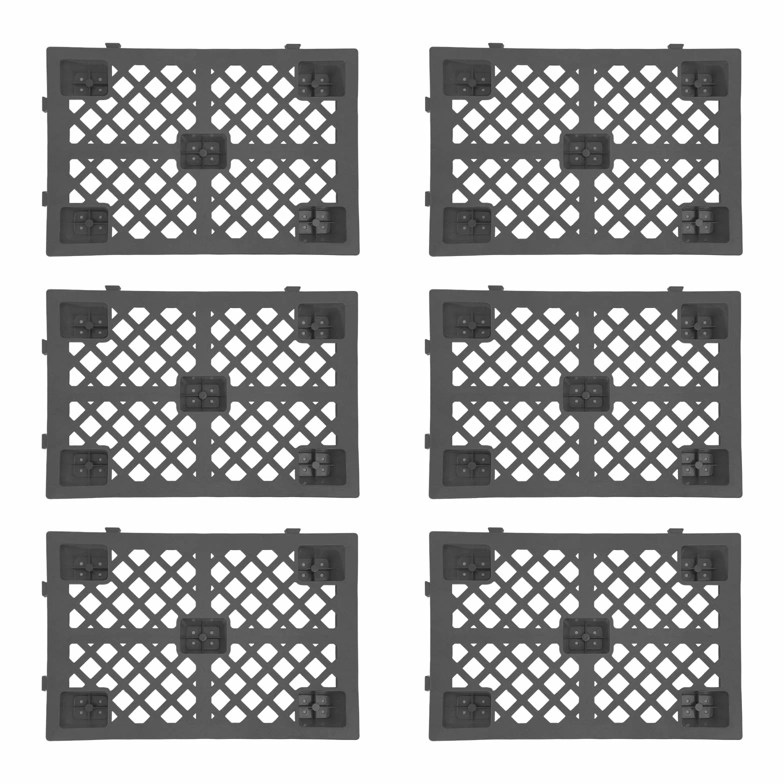 Set di 6 pallet in plastica, 60x40x10 cm Impilabili Pallet leggeri con fondo goffrato e chiusura a scatto per magazzino, logistica, esterno, cucina, ripostiglio, fino a 100 kg (Nero)