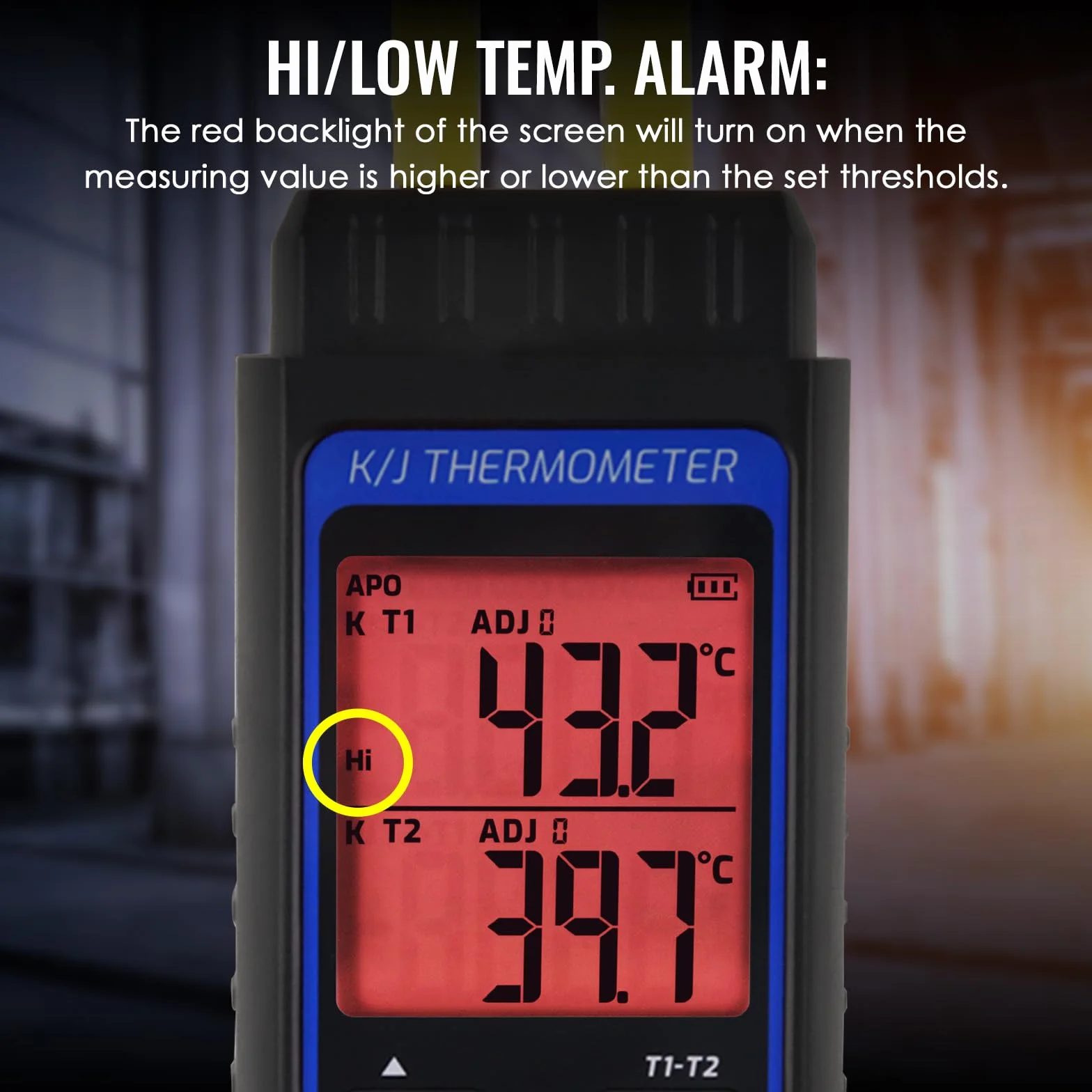 Termometro digitale a doppio canale tipo K/J con 4 termocoppie, campo -328~2501℉, strumento di misurazione temperatura HVAC con allarme