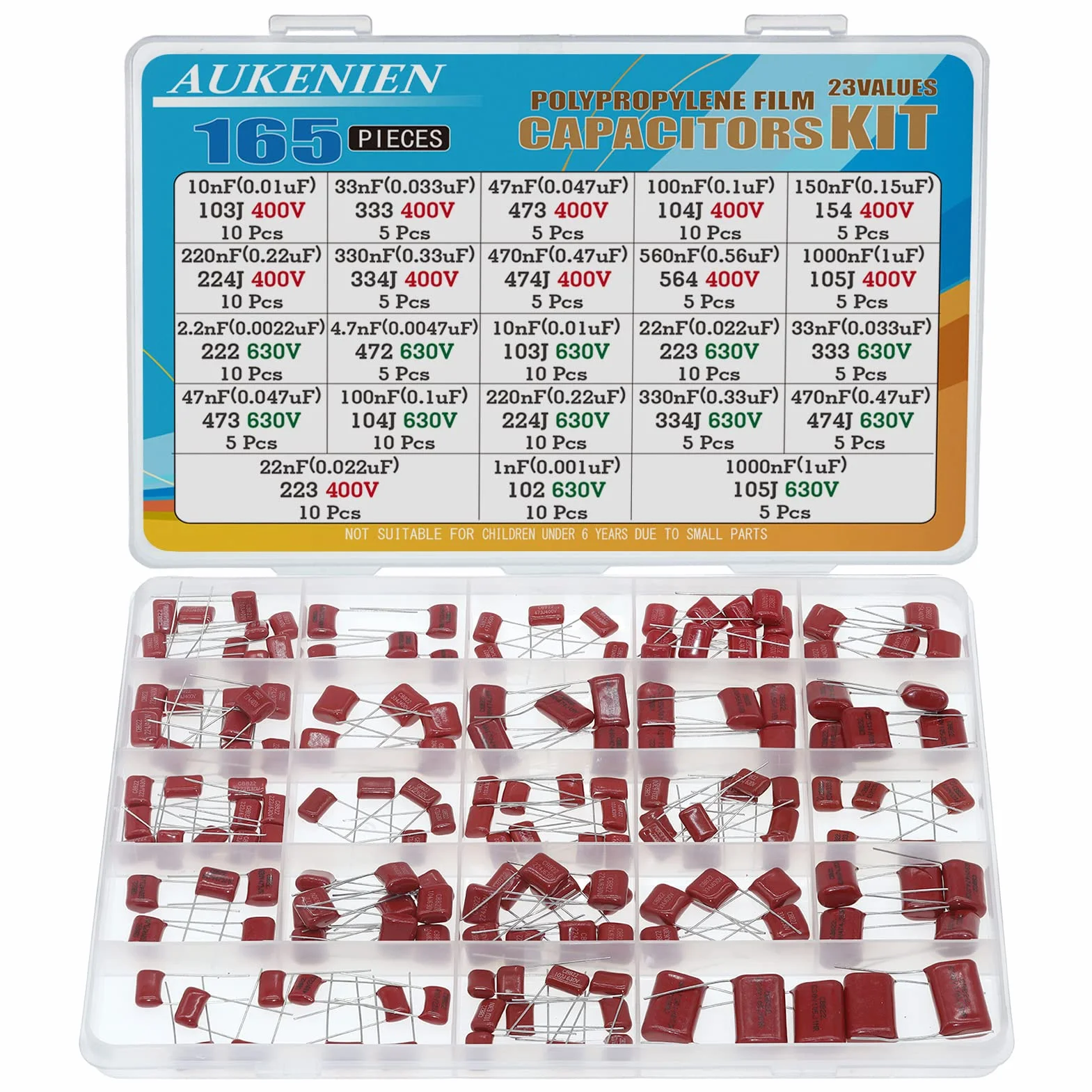 AUKENIEN 23 Valori 165 Pezzi Condensatore a Film in Polipropilene Metallizzato 400V 10nF a 1uF 630V 1nF a 1uF CBB22 Kit Classificazione di Condensatori