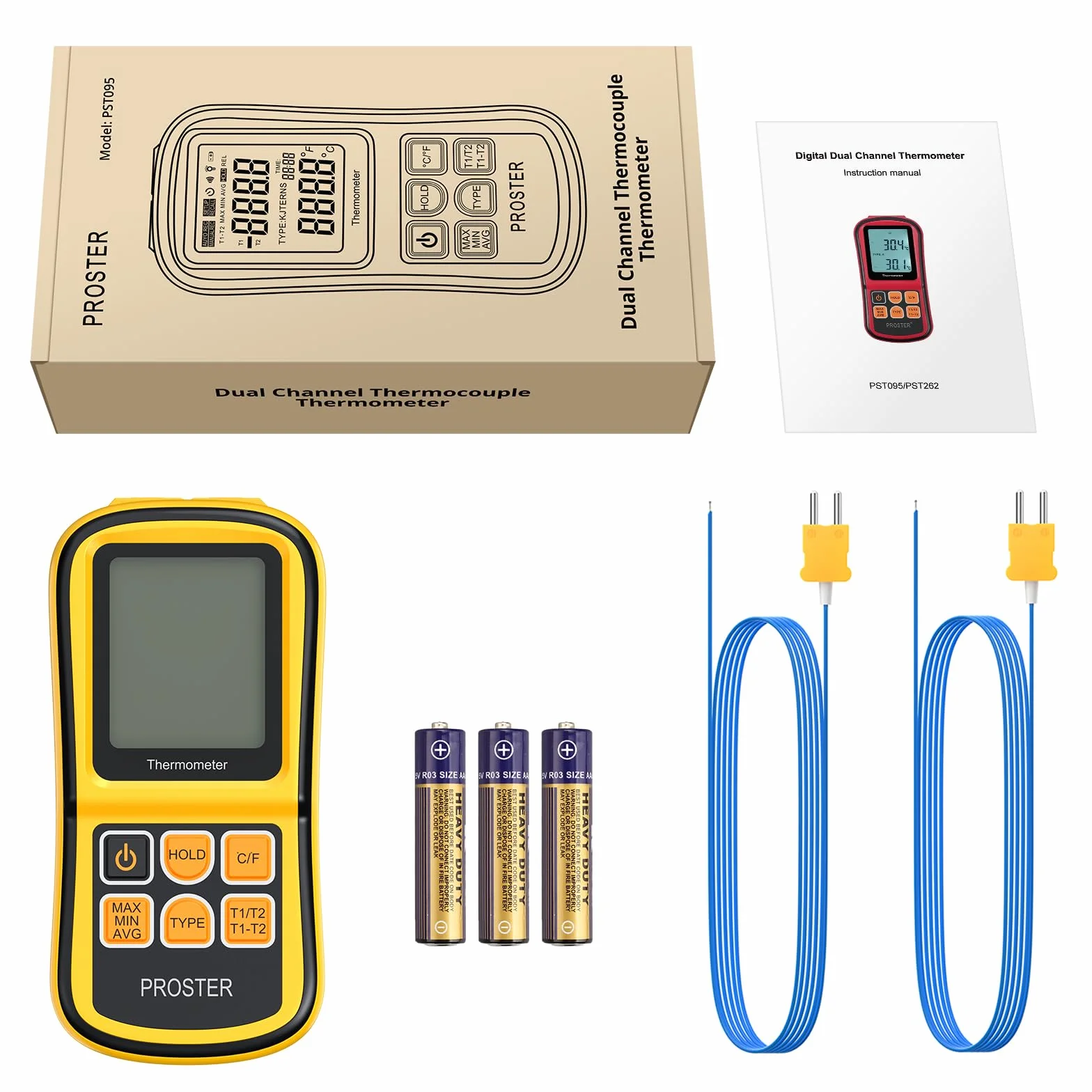 Proster Termometro Digitale a Doppio Canale Tipo K -200~1372°C LCD Retroilluminato con Due Termocoppie