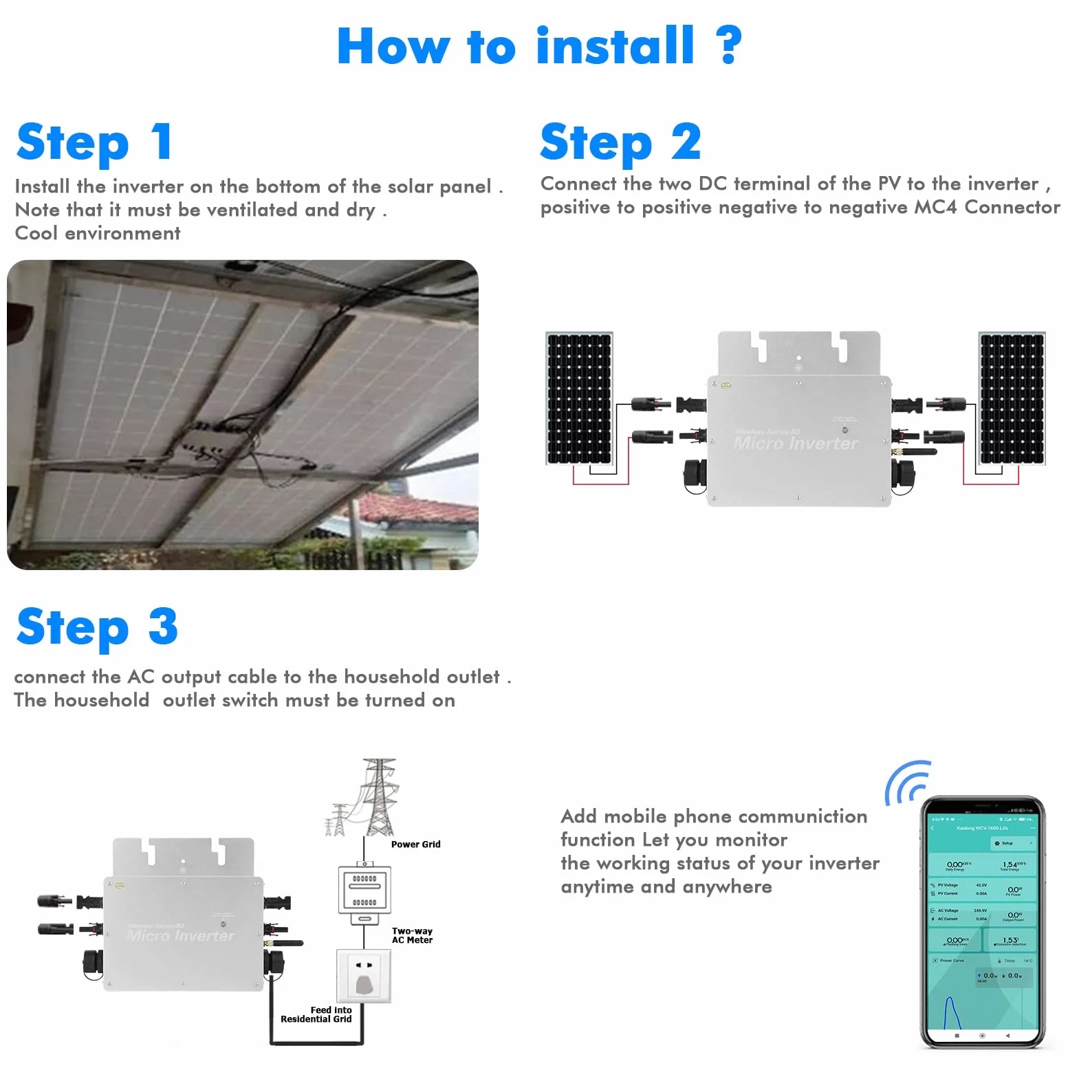 Jadeshay Microinverter,800W Inverter Fotovoltaico Grid Tie Inverter Micro Inverter DC22-60V Inverter di Rete con Sistema di Monitoraggio del Telefono Cellulare per 2 Pannelli Solari