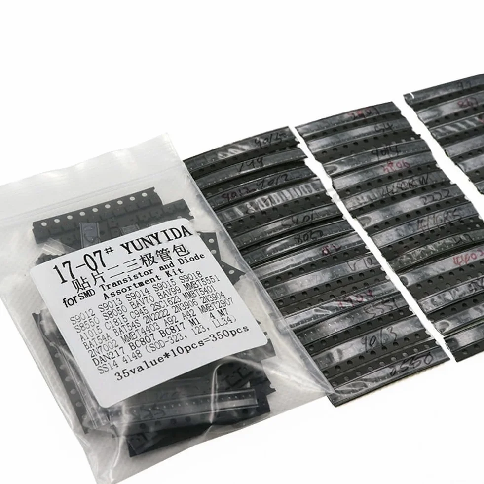 Kit di 350 transistor e diodi per SMD con 35 valori assortiti per l'uso in vari sistemi elettronici e riparazioni