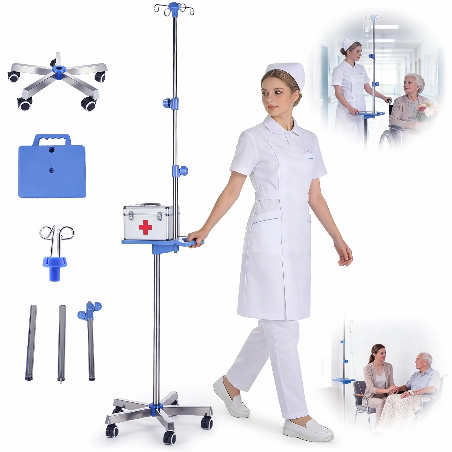 Supporto per infusione regolabile in acciaio inox con ruote, vassoio e 4 ganci, altezza regolabile 1,5-2 m, supporto a 5 gambe, portata 8 kg, per ospedale, clinica e casa