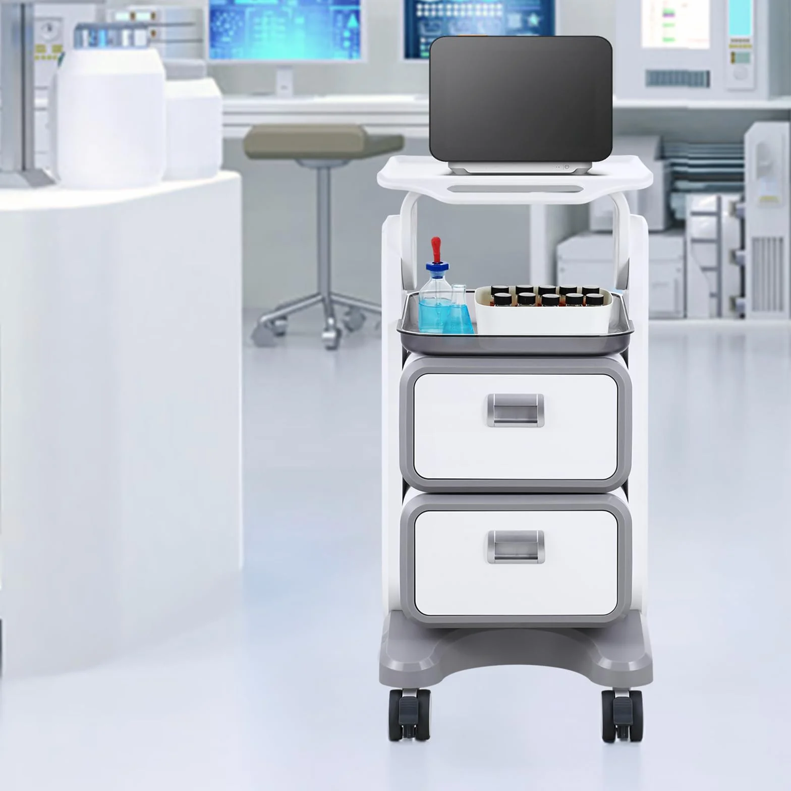 VEVOR Carrello da Laboratorio 3 Ripiani, Carrello Portaoggetti Medico Mobile con 2 Cassetti 1 Vassoio, ABS, 4 Ruote