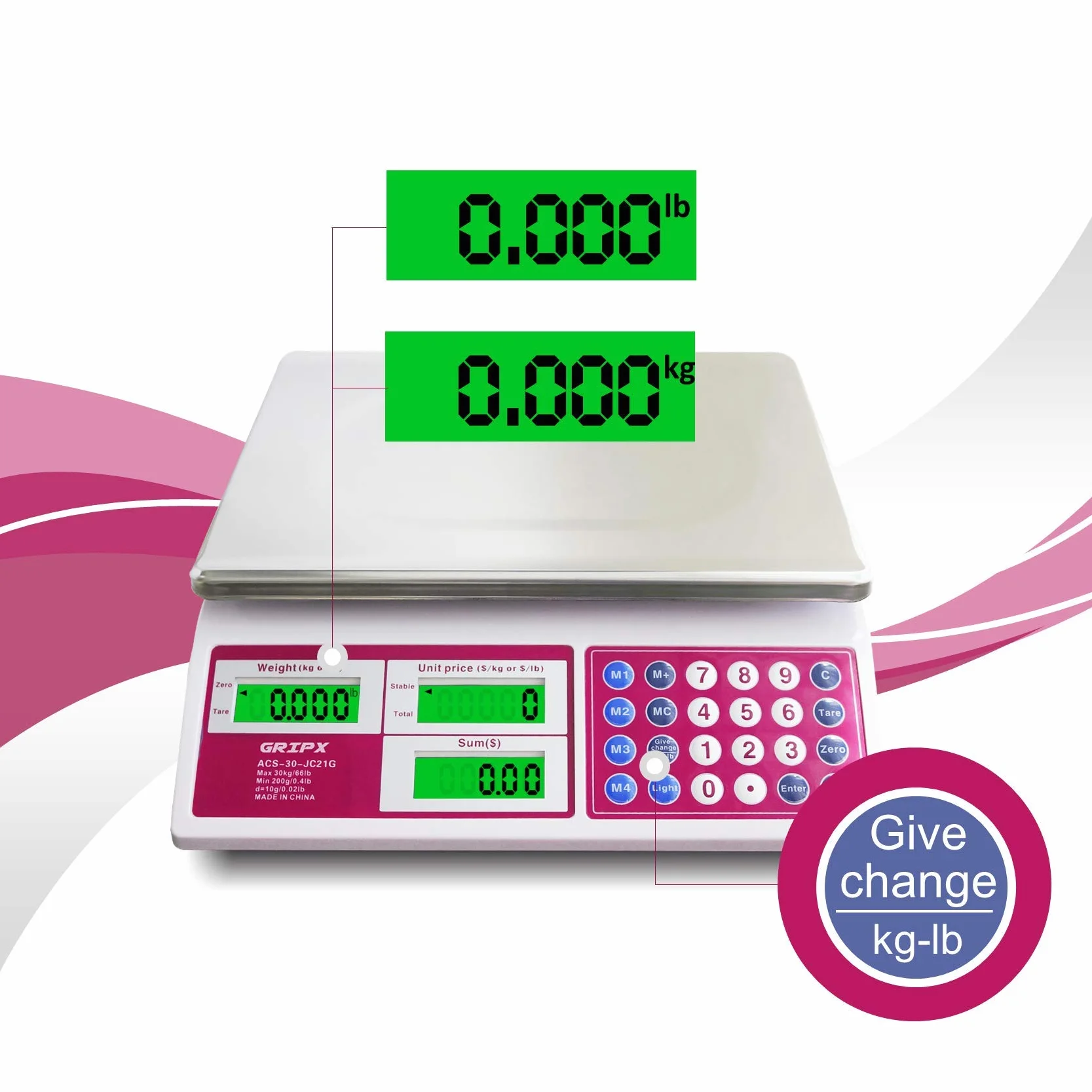 Bilancia commerciale digitale 30 kg LCD acciaio inossidabile retroilluminazione verde Batta