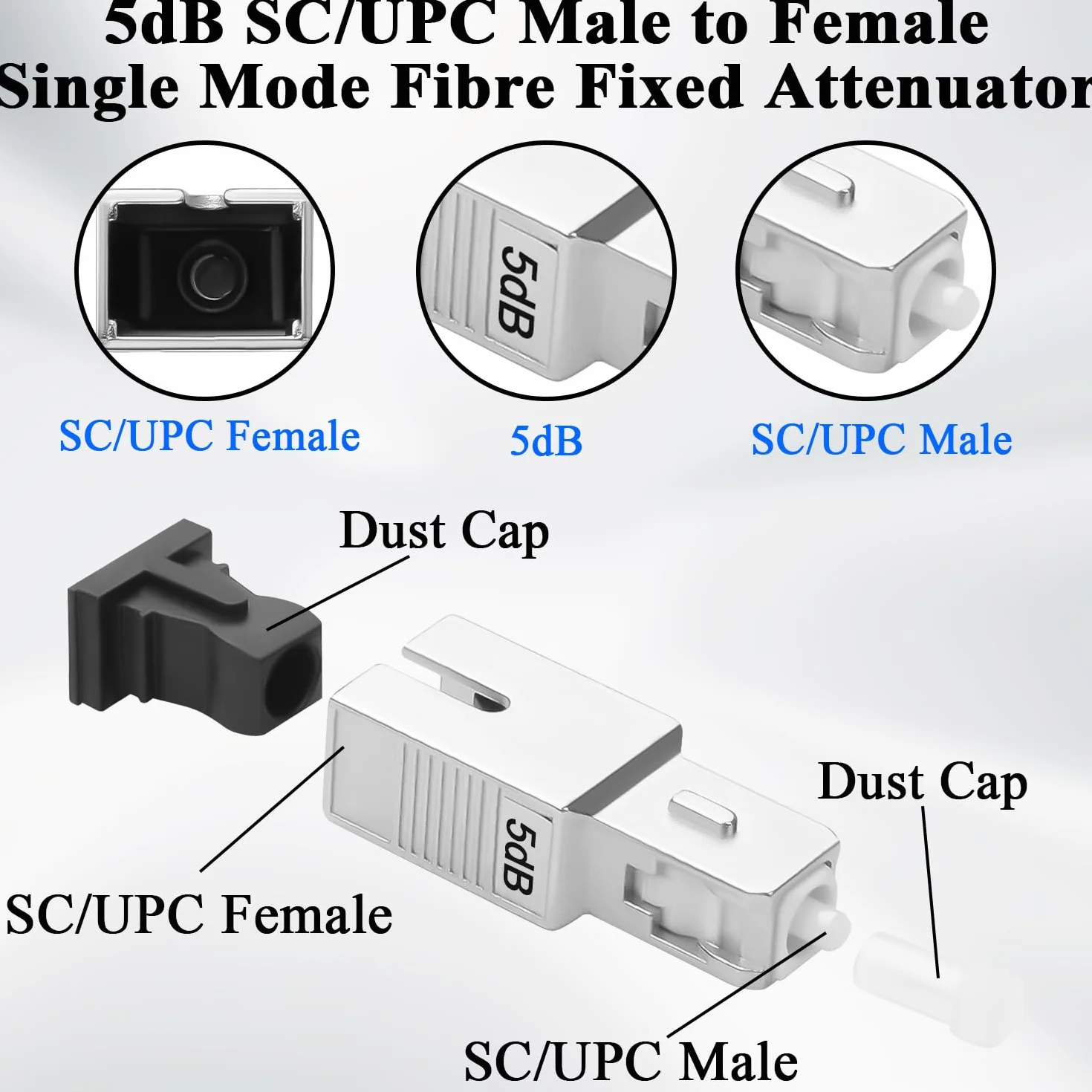 QIANRENON SC/UPC Attenuatore fisso in fibra ottica connettore 5dB SC maschio a femmina Singlemode Fibre Ottiche Fixed Attenuator Adattatore, Valore di attenuazione 5dB ± 0,5, per reti in fibra ottica