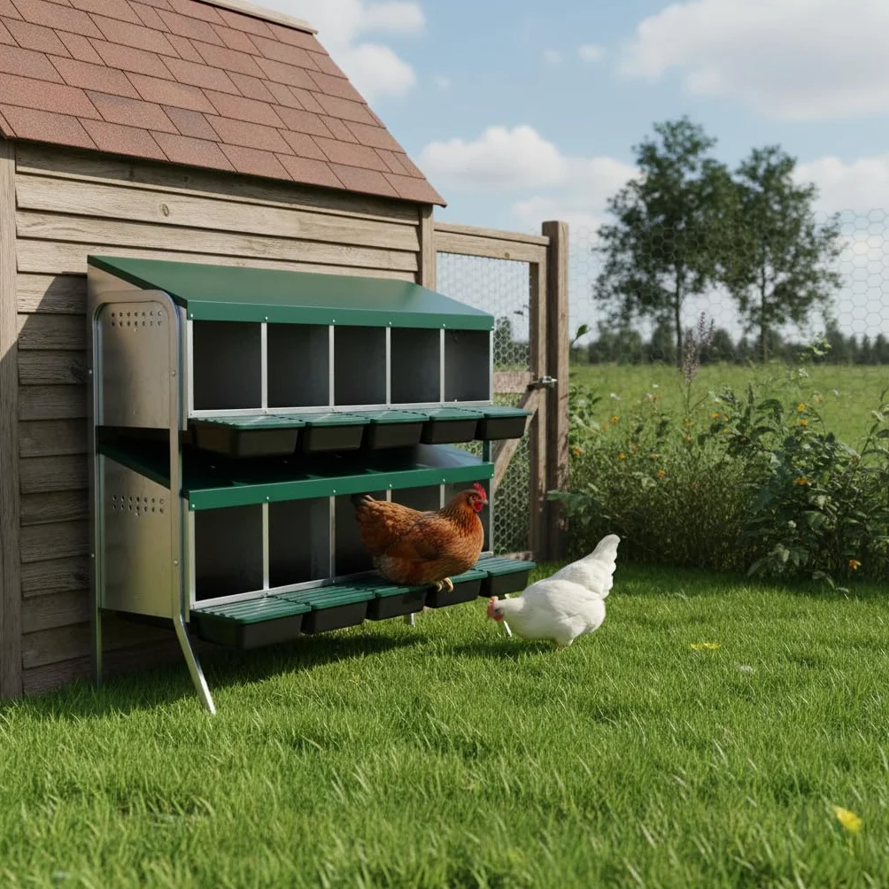 Agrarzone Nido per galline ovaiole a 2 piani - 10 scompartimenti, Salvaspazio con raccolta uova esterna, Robusto e durevole in metallo zincato - Ideale per grandi allevamenti