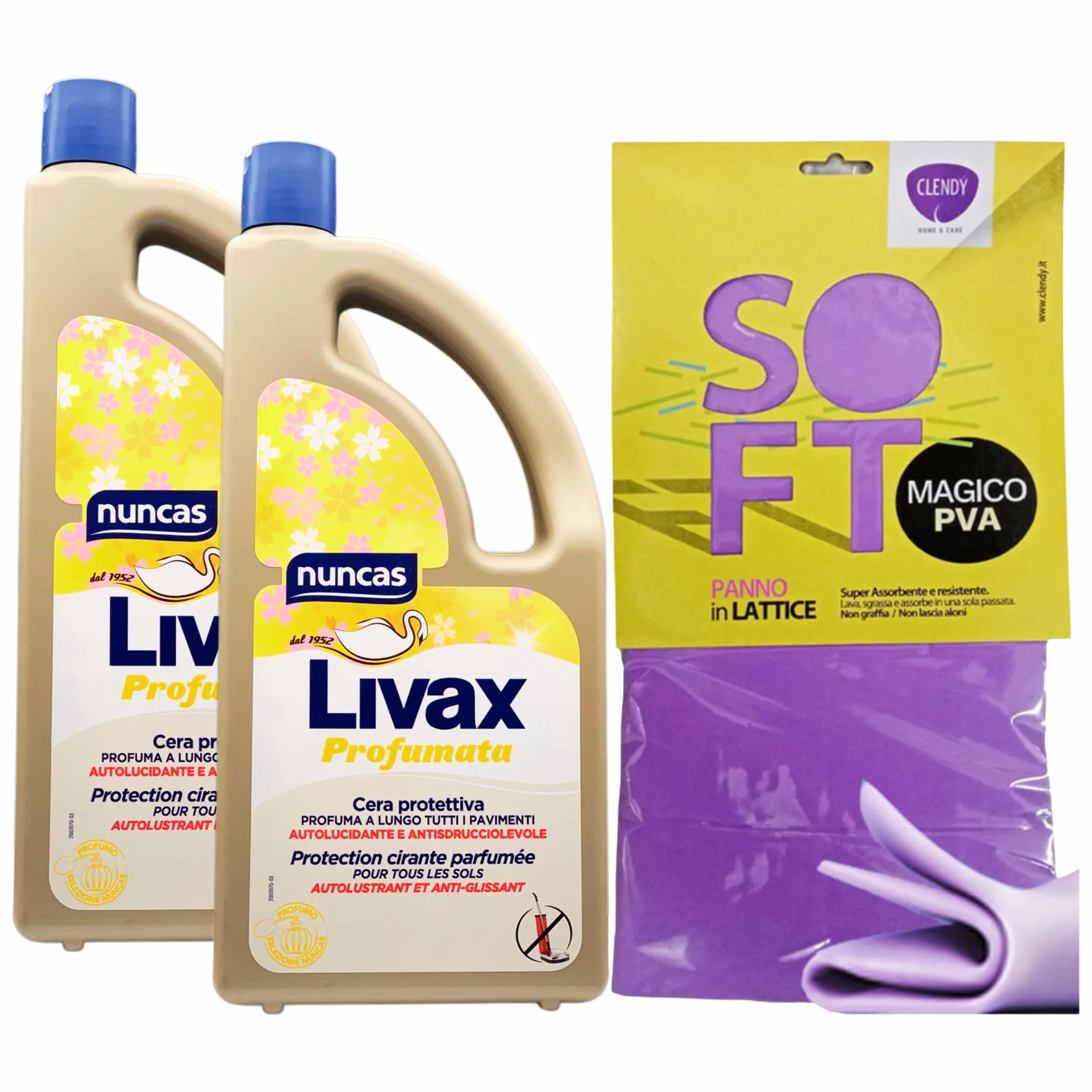 SET: Livax Cera Protettiva PROFUMATA, Profuma a Lungo Tutti i Pavimenti. Autolucidante e Antisdrucciolevole 1000ml + Panno In Lattice SOFT, Formato 30x30 (2 Livax + 1 Panno Lattice)