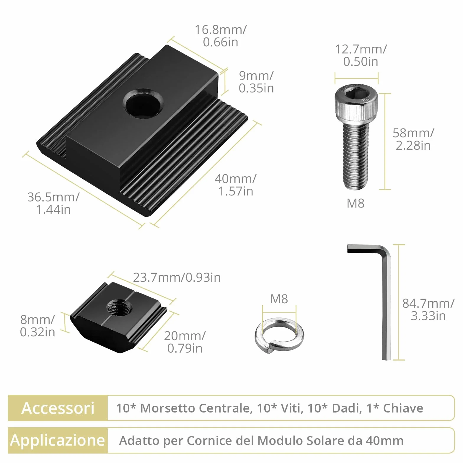 Anbte 10 Pezzi Staffa di Montaggio Pannelli Solari Morsetti T Nero 40mm