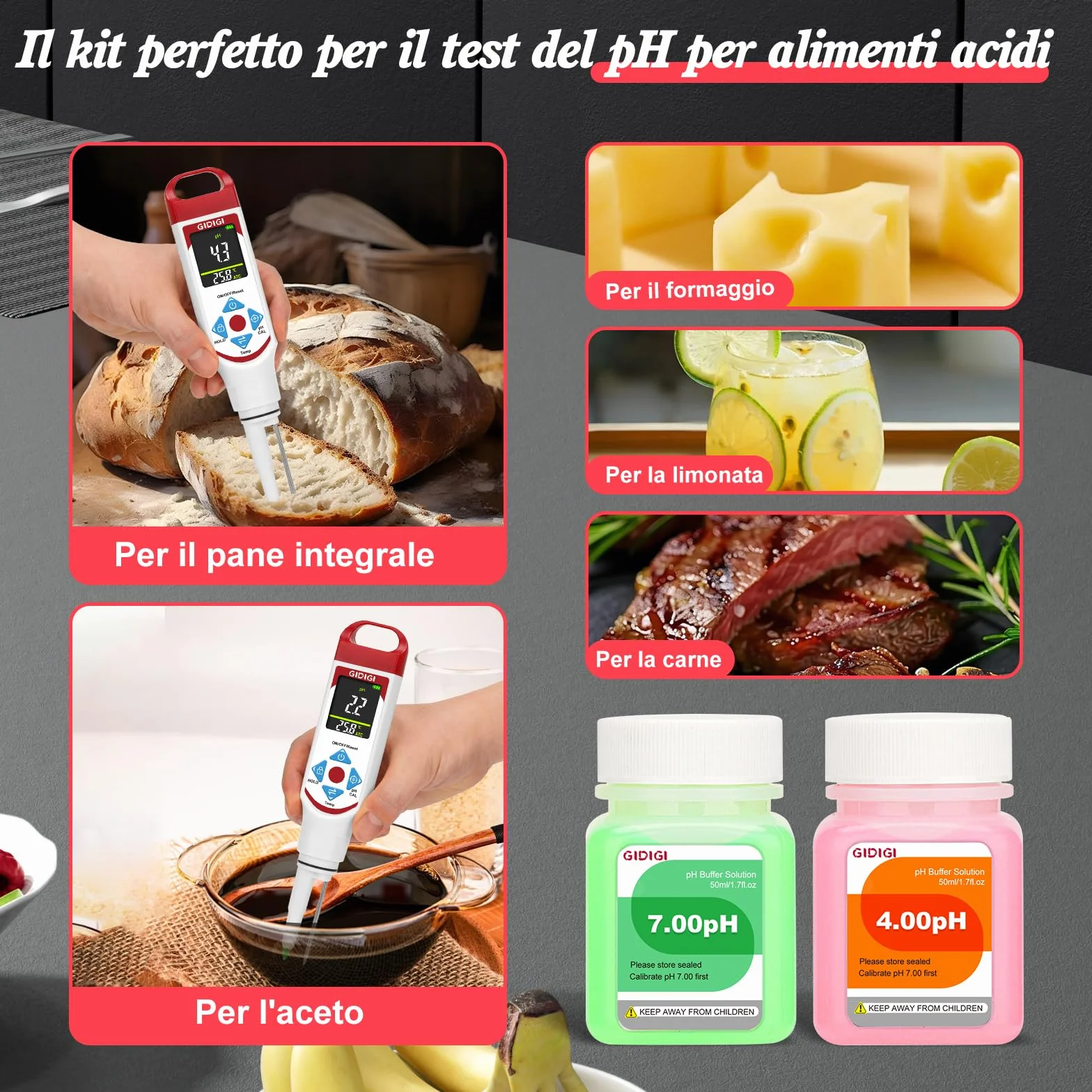 Misuratore di pH per la fermentazione alimentare, display a colori punta a lancia tester di pH per alimenti con ATC per cosmetici, lievito madre, Carne, formaggio, prodotti in scatola，Sottaceto