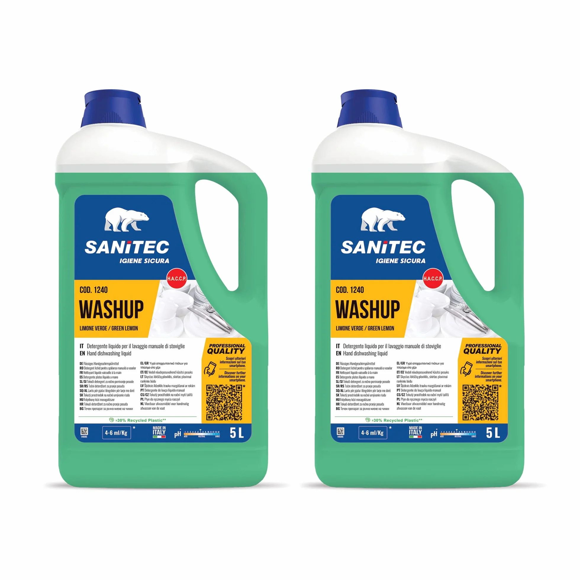 Sanitec, Washup Limone Verde, Detergente Liquido per il Lavaggio Manuale delle Stoviglie, Sgrassa a Fondo e Rilascia una Fresca Profumazione che Elimina i Cattivi Odori, Made in Italy, 2 Taniche da 5L