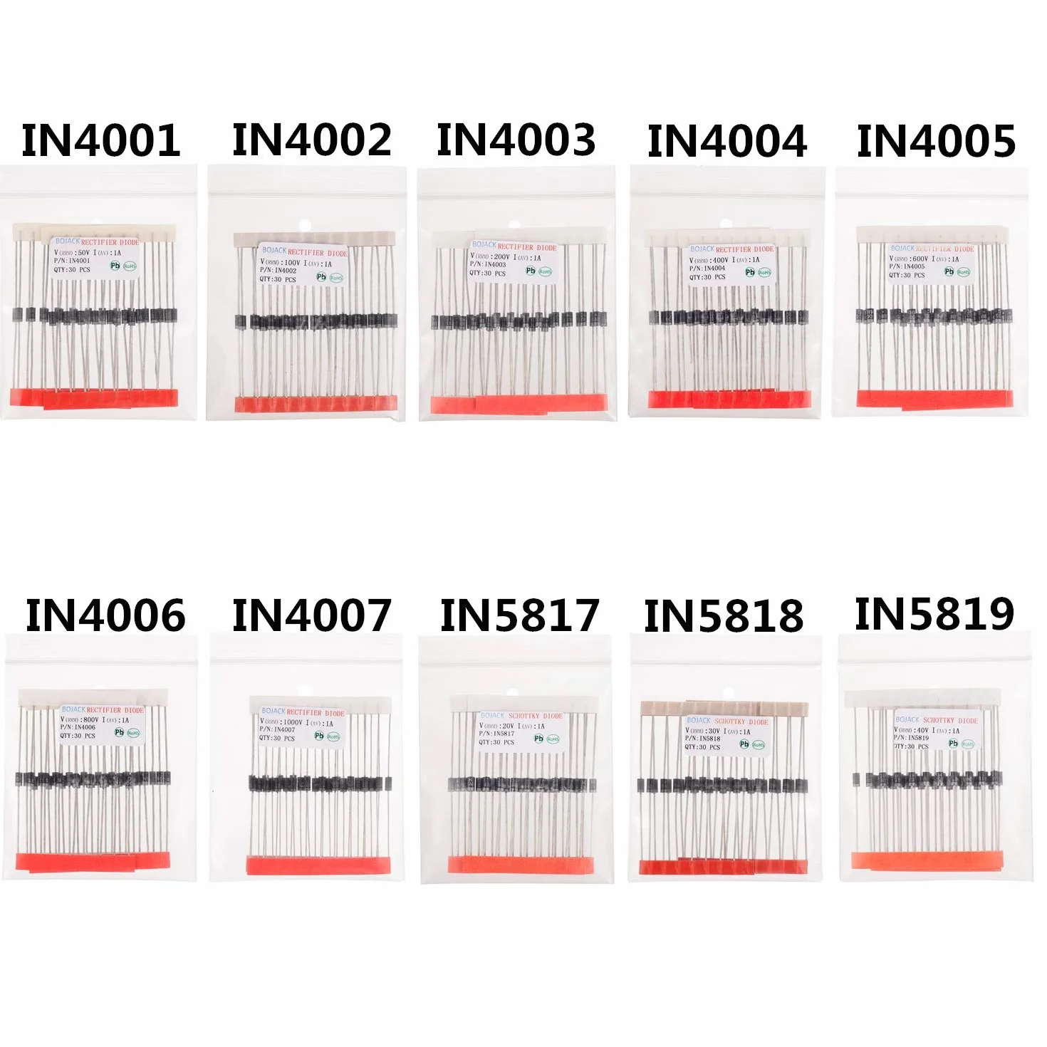 BOJACK 10 Valori 300 pezzi Diodi raddrizzatori 1N4001-1N4007 Diodi Schottky 1N5817-1N5819 Assortimento Kit