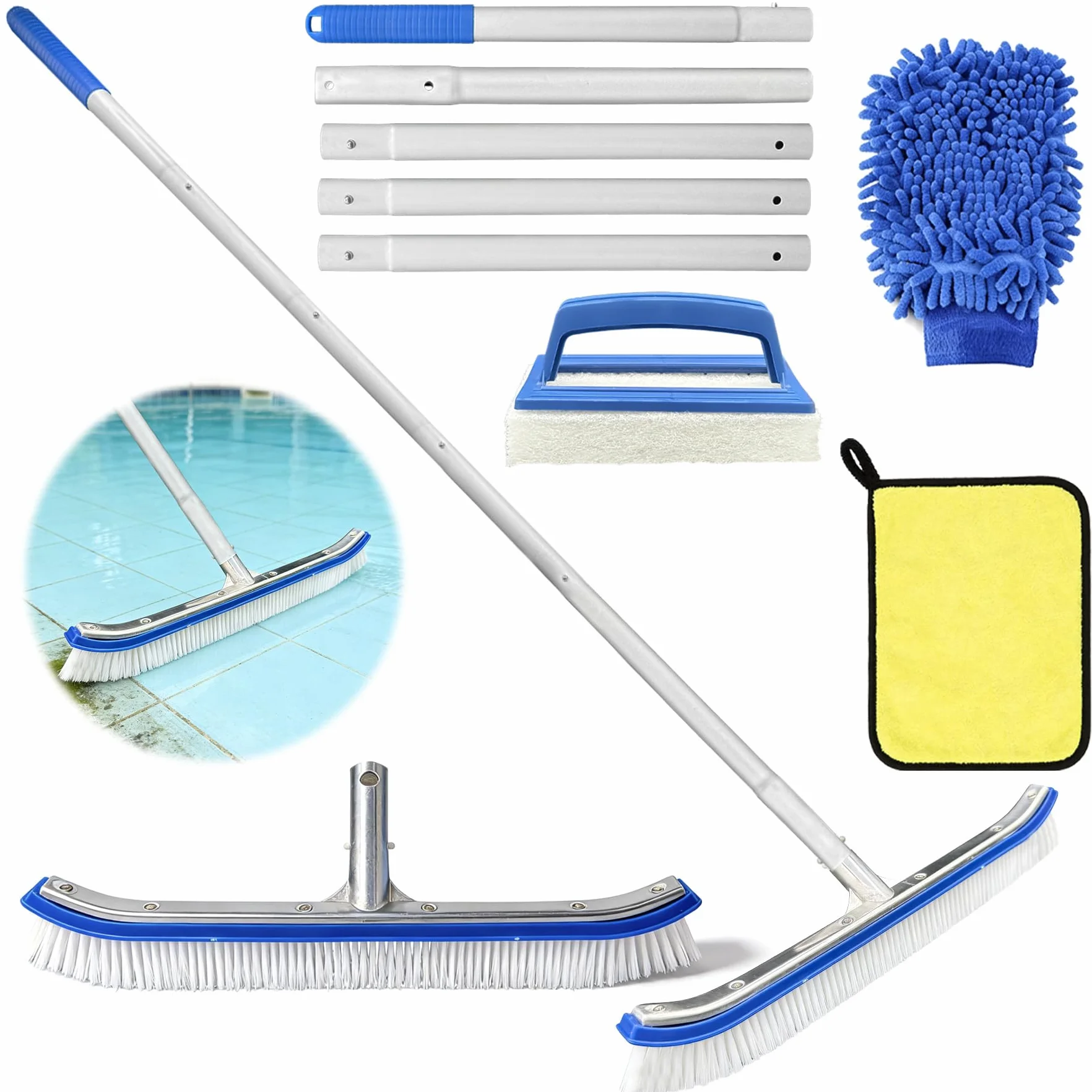TZEKING 43cm Spazzola per Piscina con Manico, Scopa per Piscina1.8 M Asta Regolabile,con Asta in Alluminio Regolabile e Retro in Alluminio Rinforzato