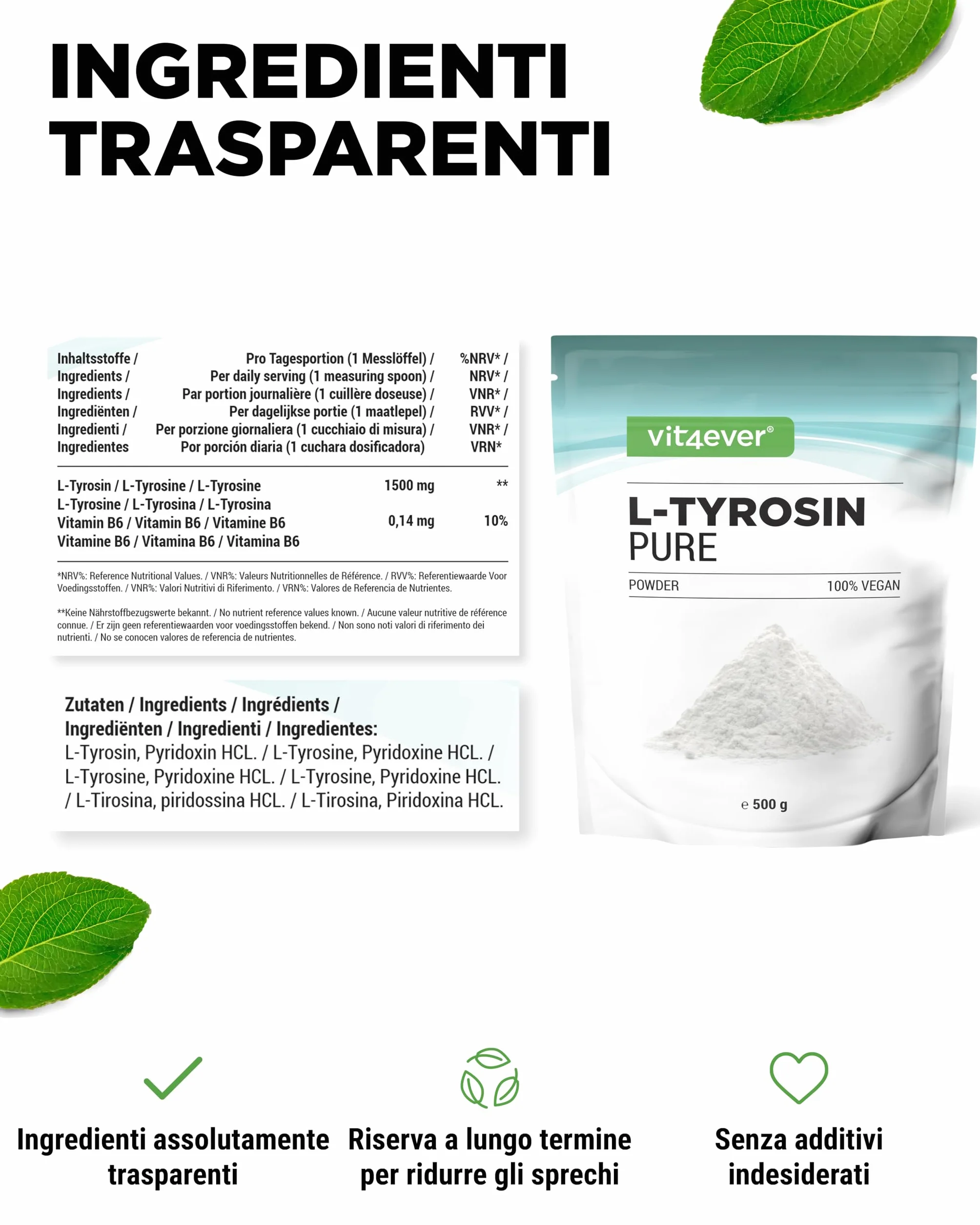 L-Tirosina 500 g Polvere Amminoacido Puro Vegan 333 Porzioni