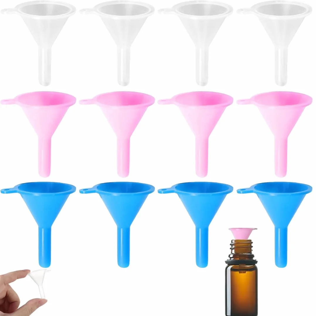 Imbuto piccolo,Piccolo imbuto in plastica, 12 pezzi, mini imbuto per riempire bottiglie, bicchieri, profumi, polveri, oli essenziali, shampoo, sabbia, bottiglie da laboratorio