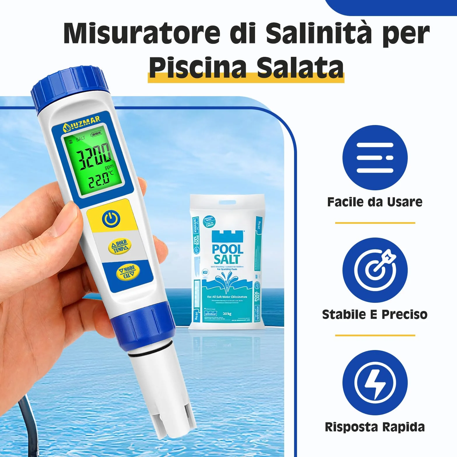 UIUZMAR Misuratore Cloro e Sale per Piscina, Tester Piscina pH e Cloro Digitale, Misuratore Multifunzionale di pH, EC, ORP e TDS Salinità Cloro Residuo per Piscine di Acqua Salata, Acquari, Idroponica