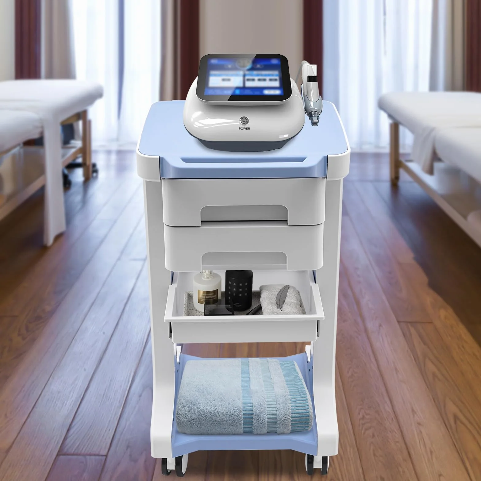 Carrello medico Beauty Salon Trolley con 2 cassetti, carrello/carrello, carrello da lavoro e parrucchiere, 41 × 41 × 67 cm, blu