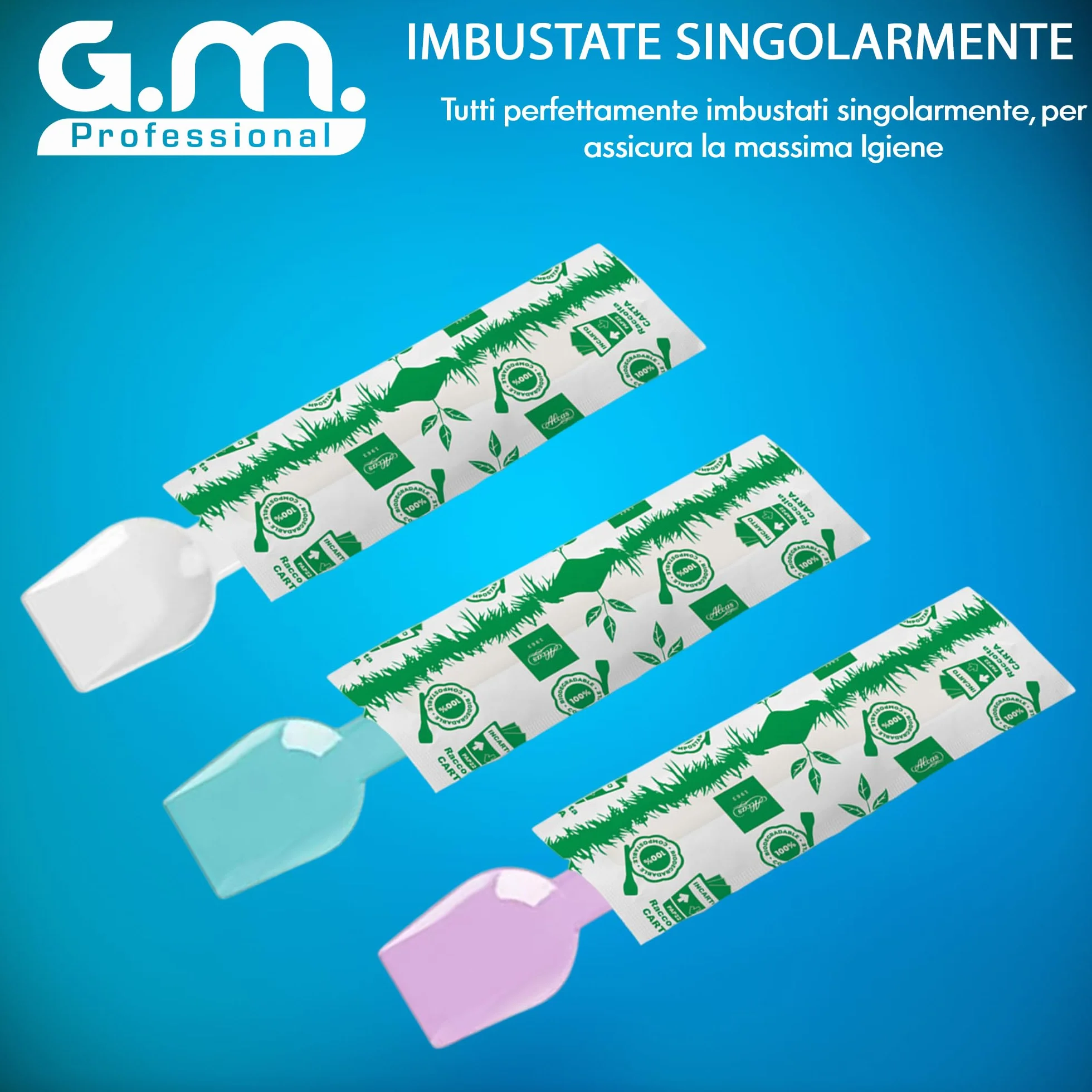 GM 1000 Cucchiaini per il Gelato Riutilizzabili Colorati, Imbustate Singolarmente, Palette Compostabili per dolci dessert gelato, Misura 9,5 cm