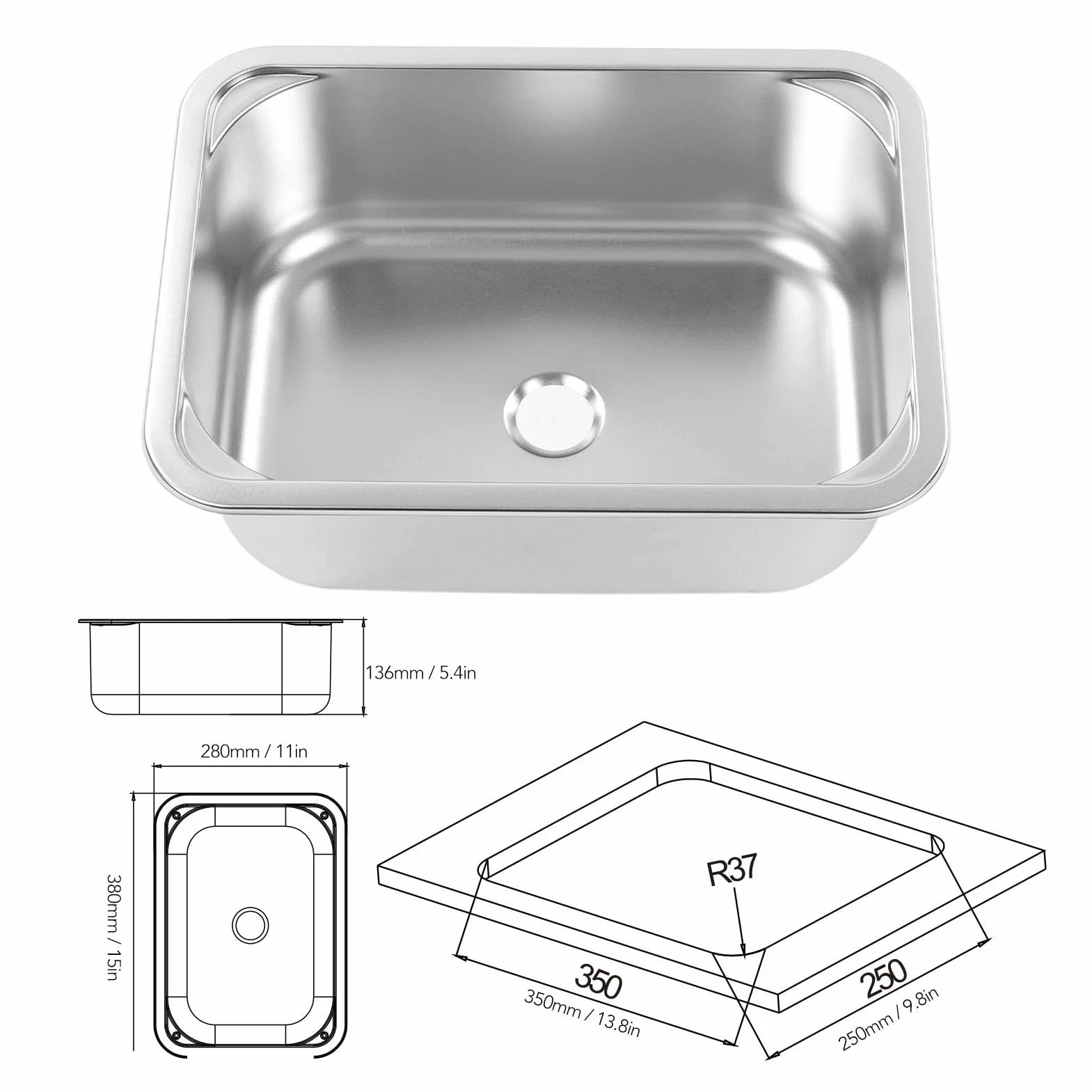 Lavello Quadrato per Camper, Lavello in Acciaio Inox 304 345x245x136mm con Scarico da 40mm per Camper e Yacht