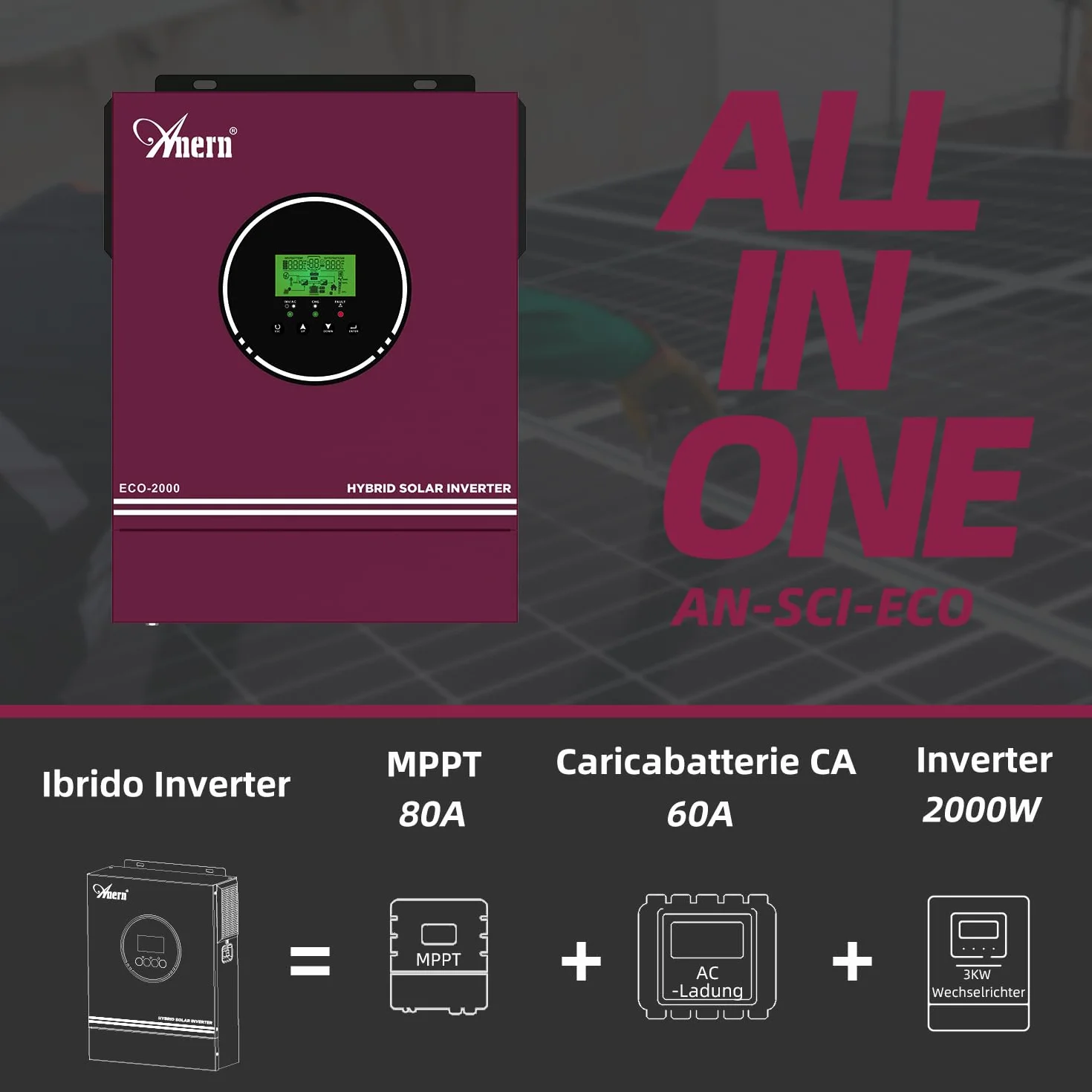 Anern Inverter ibrido da 2000W 12V DC a 220 V/230 V AC con regolatore solare 80A, ingresso PV max.400V, Inverter Fotovoltaico funzionamento con batterie al piombo da 12 V e al litio