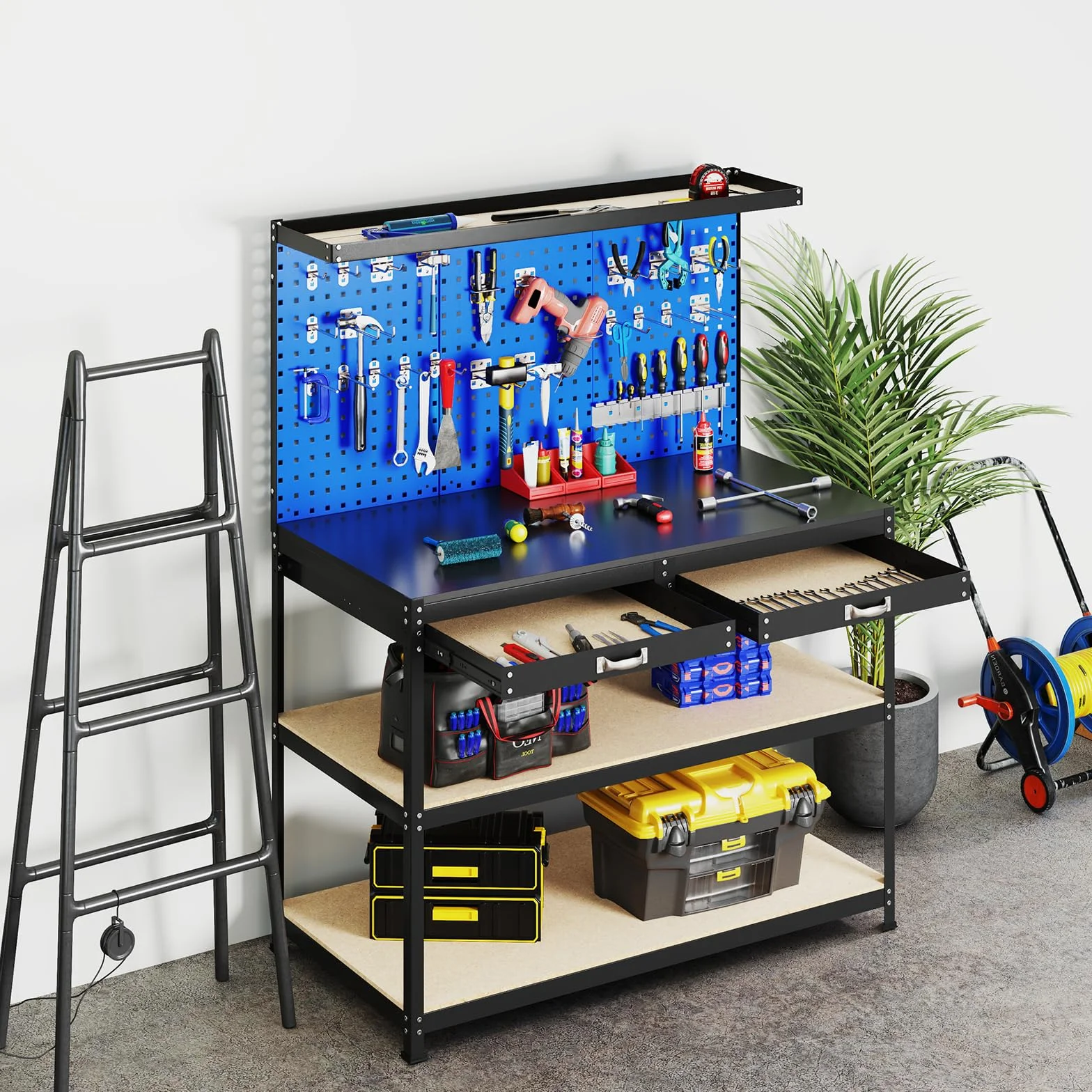 SOARS Banco da Lavoro, Organizer per Attrezzi in Metallo con 3 Pannelli Perforati con Kit di 24 Ganci, 2 Cassetti e 2 Ripiani, Banchi da Lavoro per Officina, Garage (Blu, 121 X 61 X 156 CM)