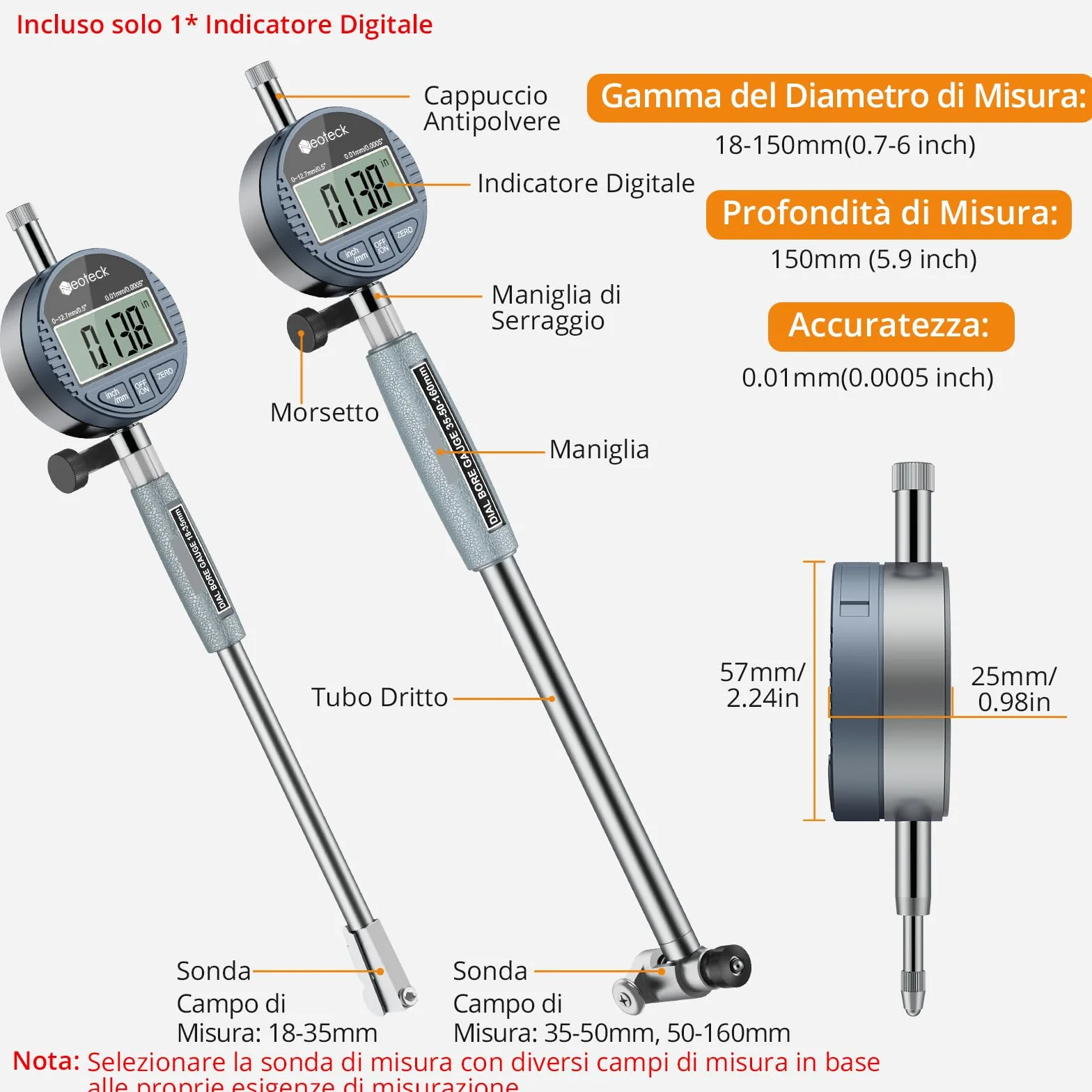 Neoteck Set di Comparatori per Alesaggio 18-160mm con Indicatore Digitale 0~12,7mm/0,5" e Custodia ABS