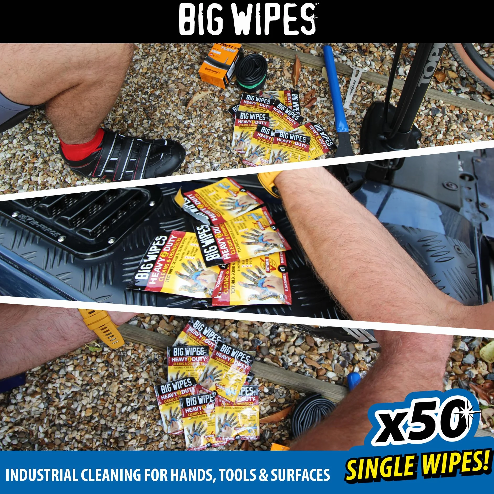 Big Wipes Heavy Duty Pro+ Salviette per le mani x50 bustine singole, rimuove vernice, olio, schiuma PU, adesivi, aloe vera, vitamina E, salviette professionali bifacciali
