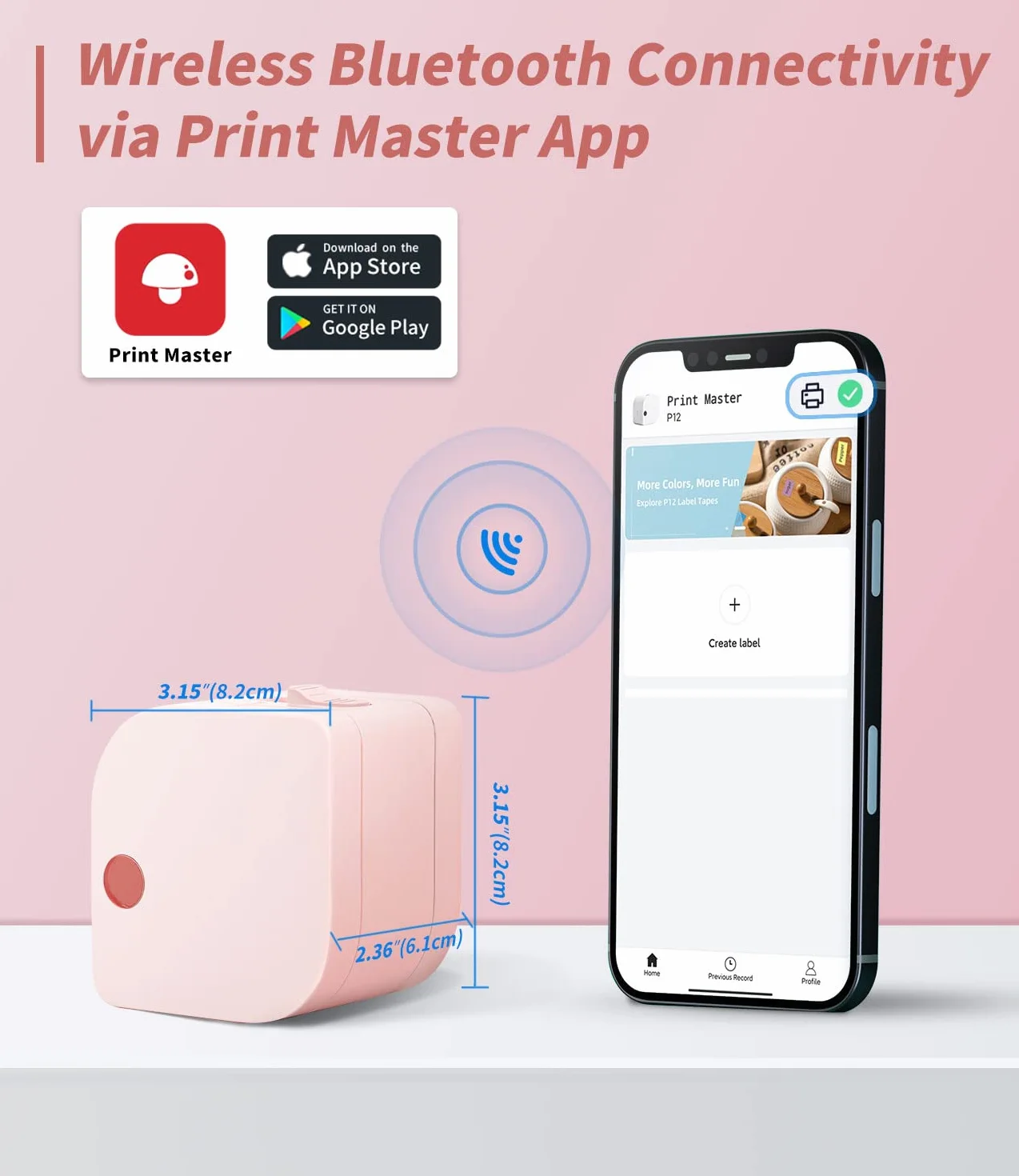 Phomemo P12 Mini Etichettatrice Bluetooth, Stampante Etichette Adesive con nastro, Label Maker che Stampa Etichette Adesive, Etichette per Stoffe e Nastri Satinati per La Casa e Cucina-Rosa