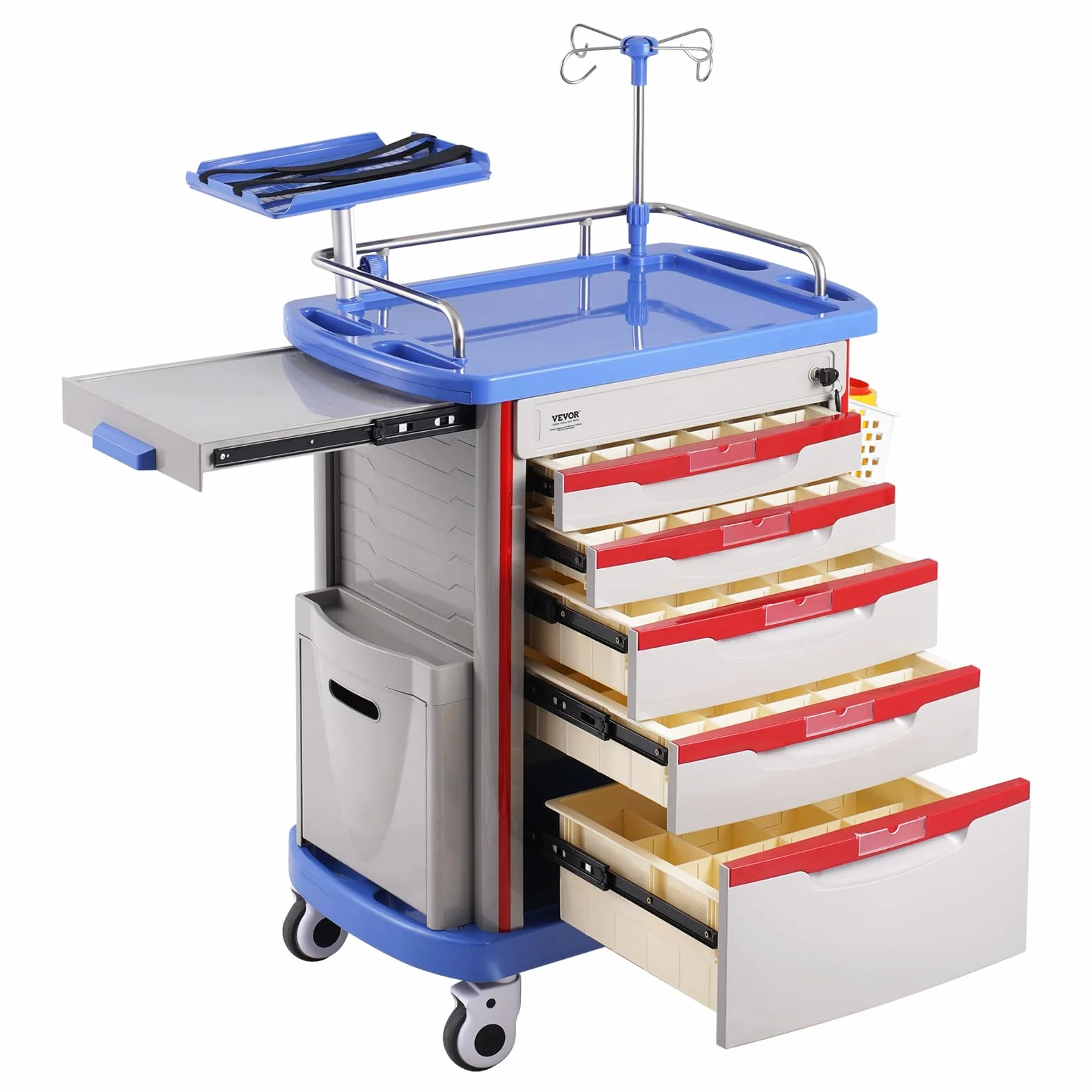 VEVOR Carrello da Laboratorio 5 Ripiani con Cassetti e Ruote Silenziose, PP, Blu