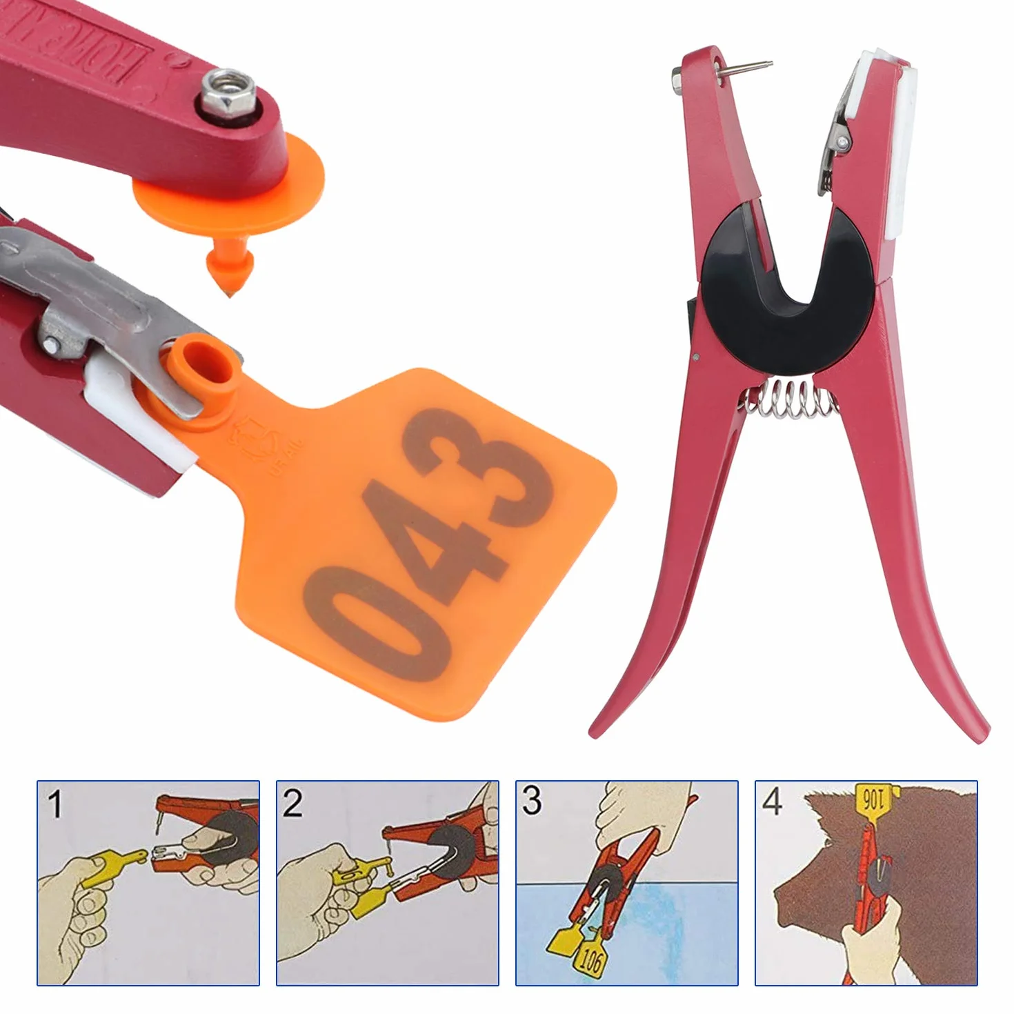 Pinze per Etichette per Animali Bestiame Animale Marchio Auricolare Pinza Applicatore per l'Installazione di Suini Bovini Pecore Orecchio Marchio Auricolare (Rosso)